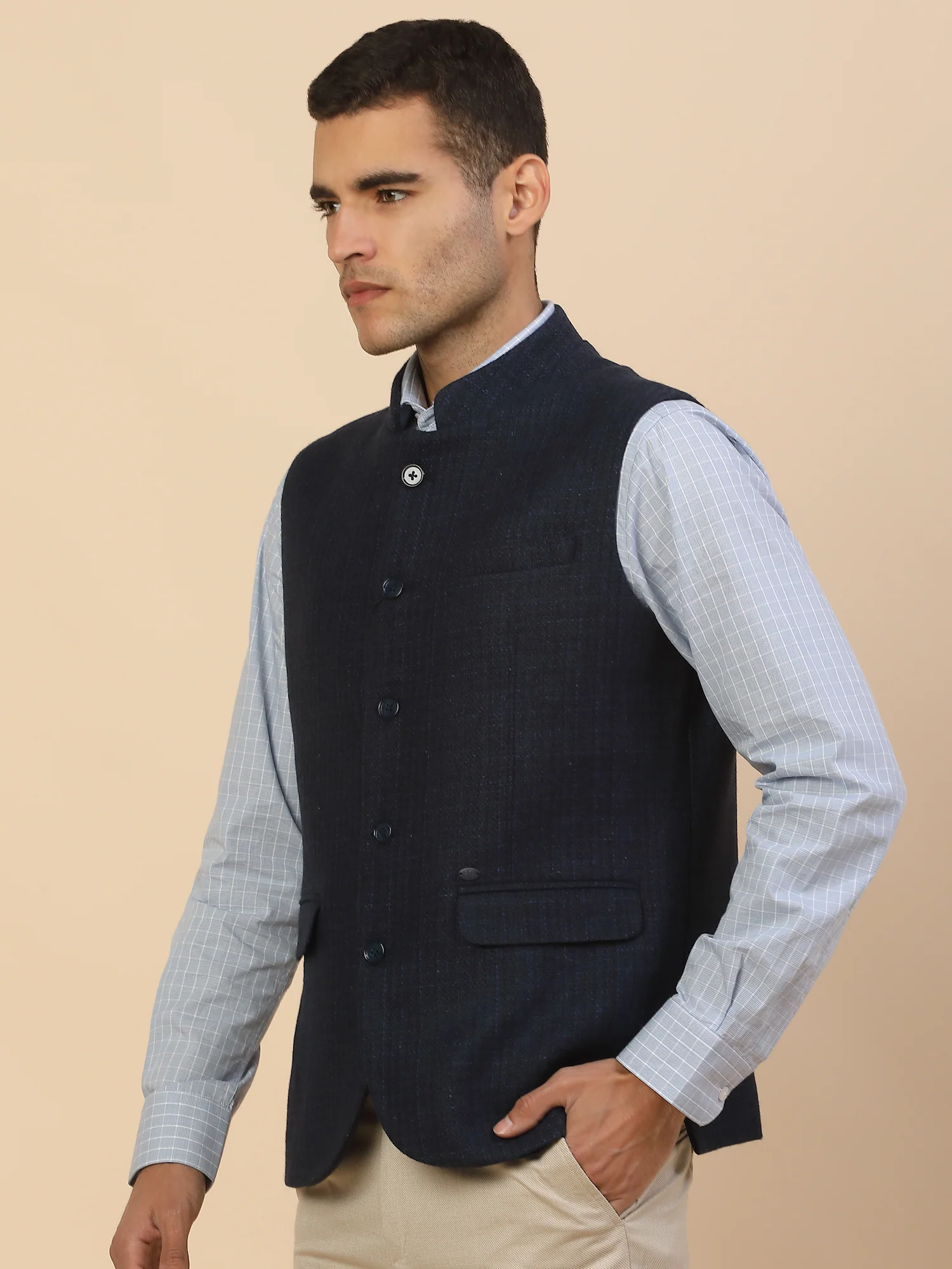 Waist Coat for Men l Premium Formal Waist Coat Slim Fit Band Collar Wool Blend Fabric Self Design Pattern - Image 3