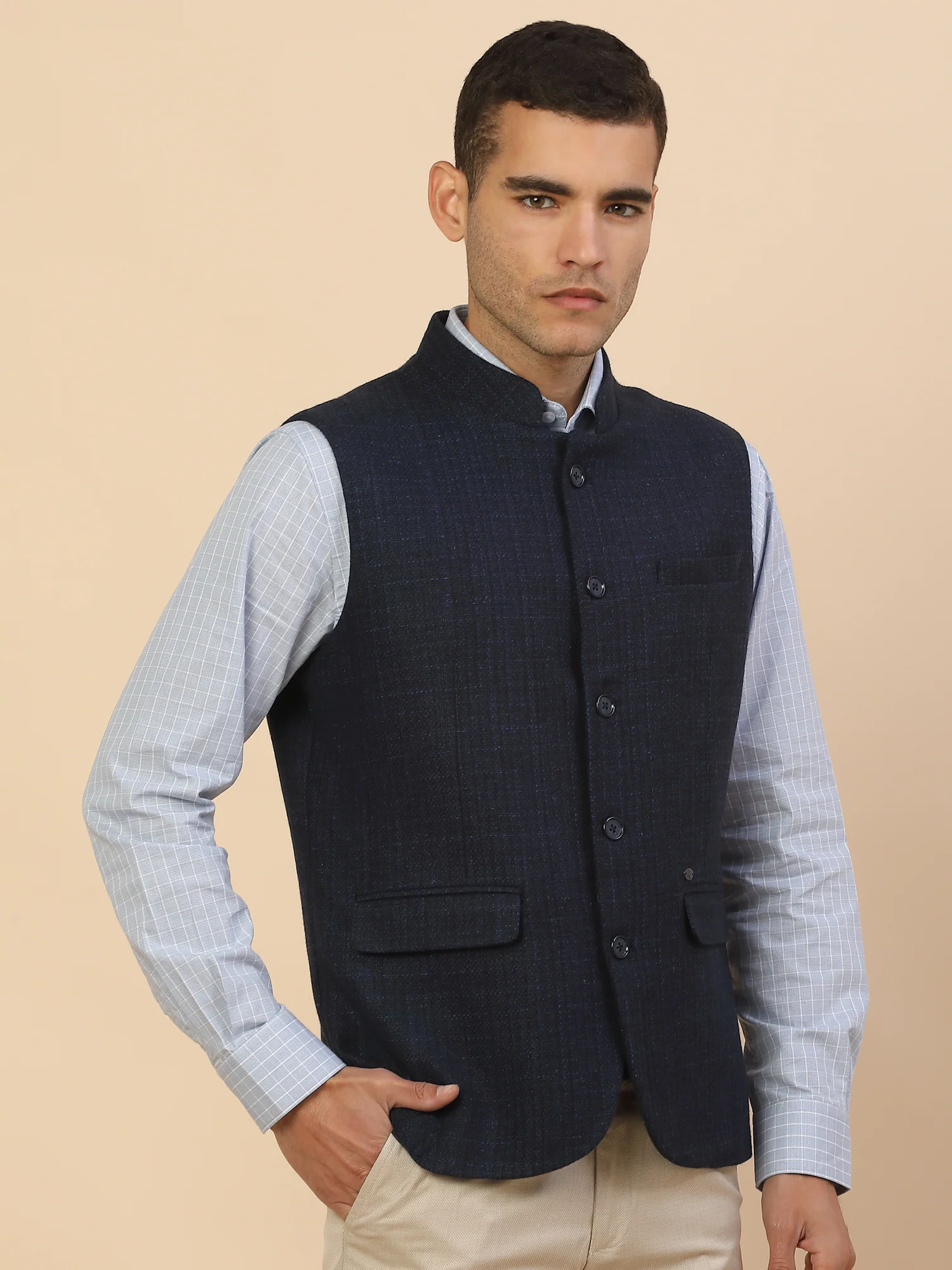 Waist Coat for Men l Premium Formal Waist Coat Slim Fit Band Collar Wool Blend Fabric Self Design Pattern - Image 4