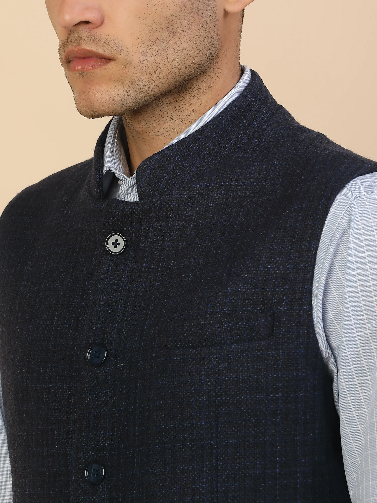Waist Coat for Men l Premium Formal Waist Coat Slim Fit Band Collar Wool Blend Fabric Self Design Pattern - Image 5