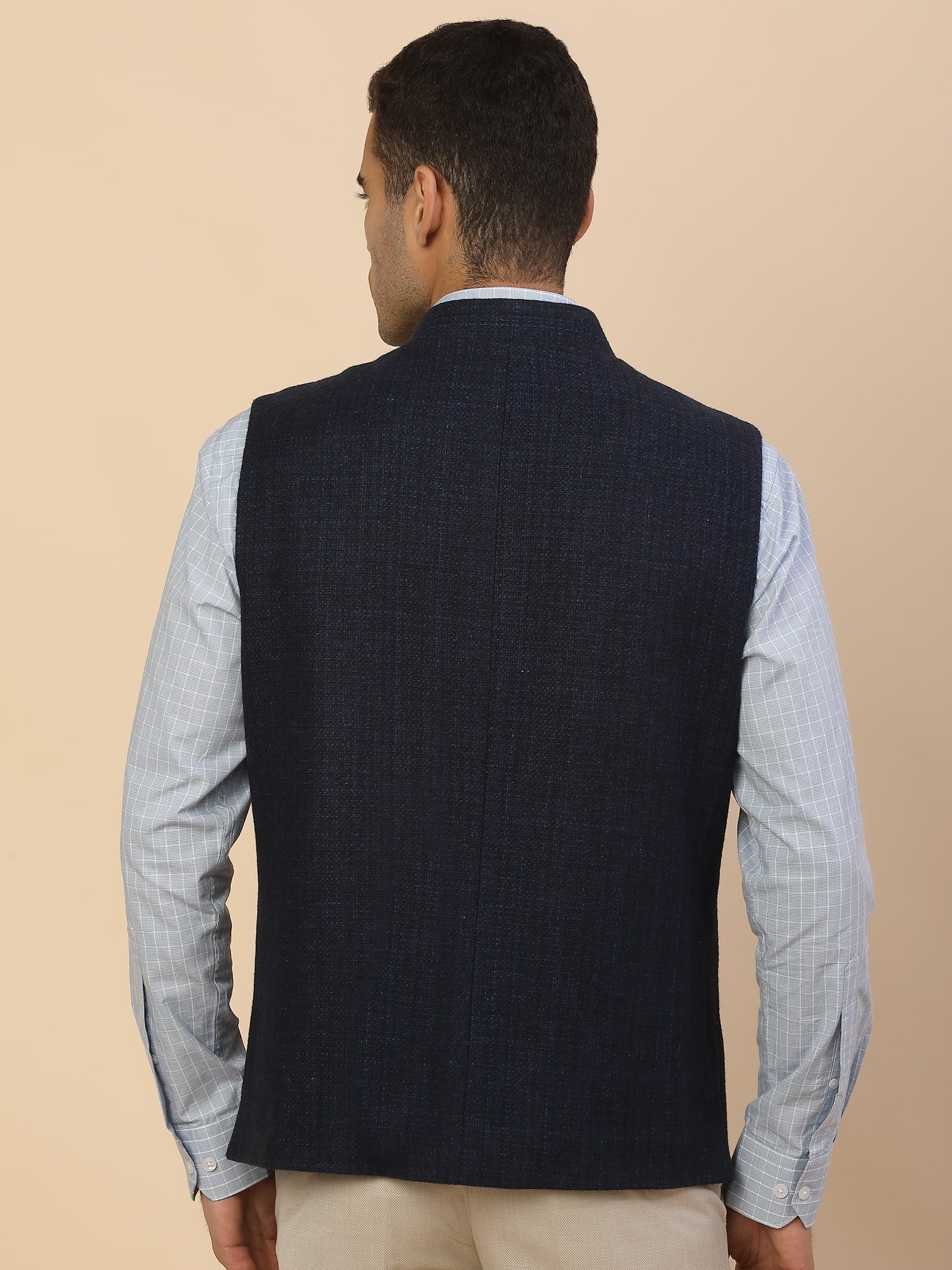 Waist Coat for Men l Premium Formal Waist Coat Slim Fit Band Collar Wool Blend Fabric Self Design Pattern - Image 6