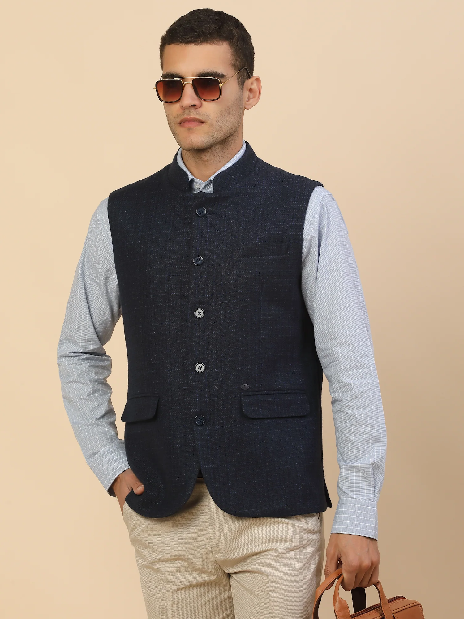 Waist Coat for Men l Premium Formal Waist Coat Slim Fit Band Collar Wool Blend Fabric Self Design Pattern - Image 7