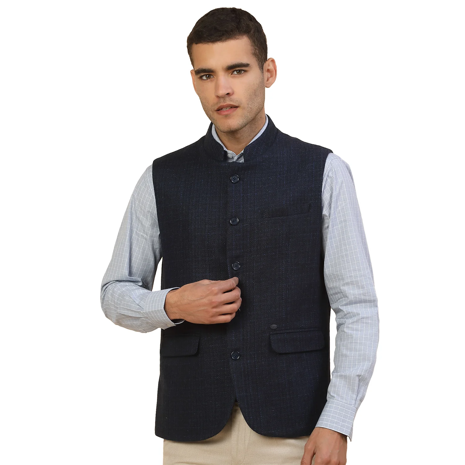 Waist Coat for Men l Premium Formal Waist Coat Slim Fit Band Collar Wool Blend Fabric Self Design Pattern - Image 8