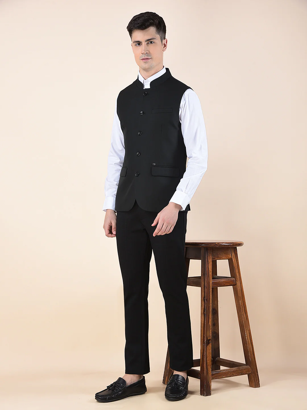 Waist Coat for Men | Premium Casual Waist Coat Regular Fit Mandarin Collar Poly Viscose Fabric Self Design Pattern - Image 3