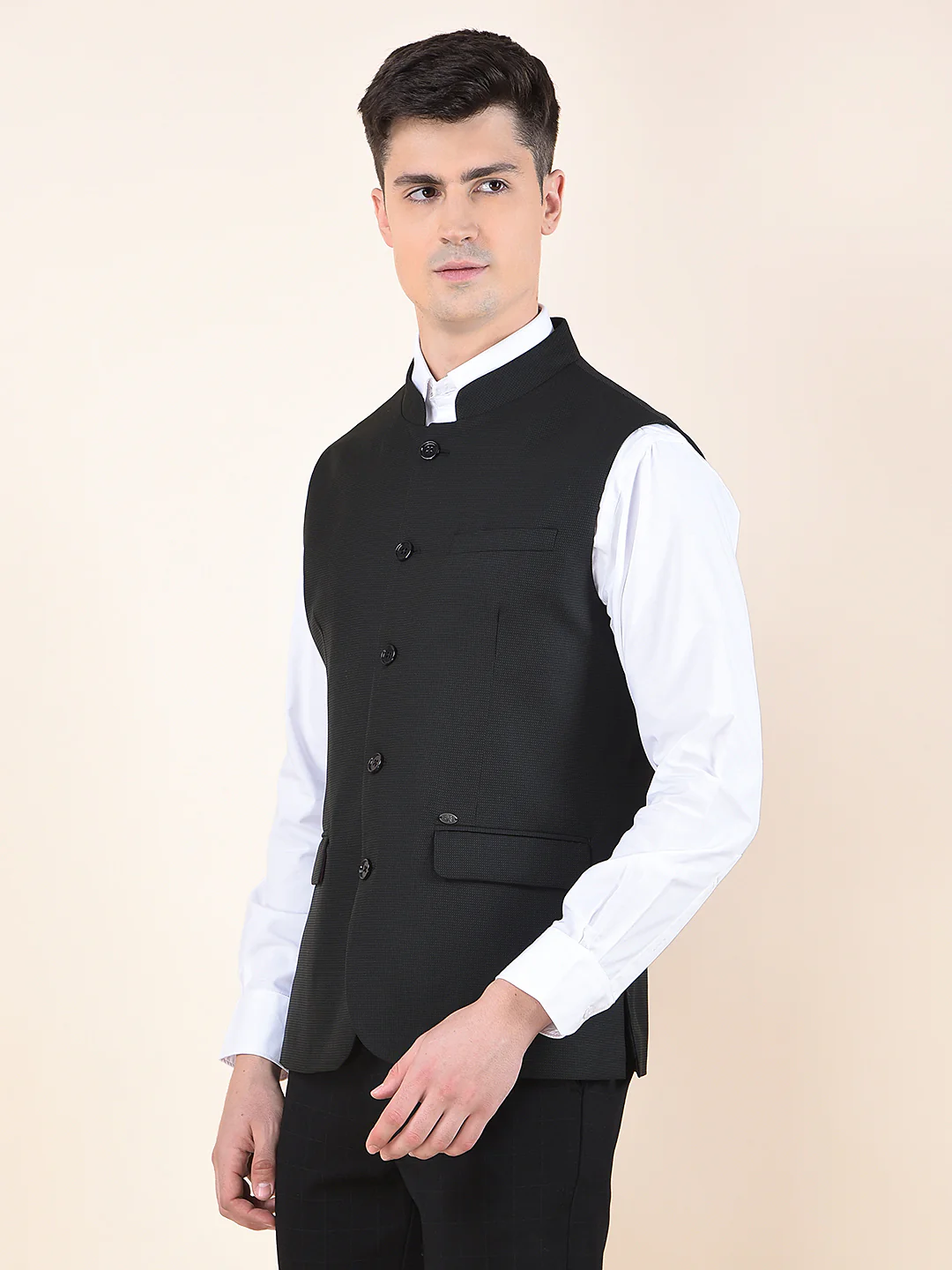 Waist Coat for Men | Premium Casual Waist Coat Regular Fit Mandarin Collar Poly Viscose Fabric Self Design Pattern - Image 4