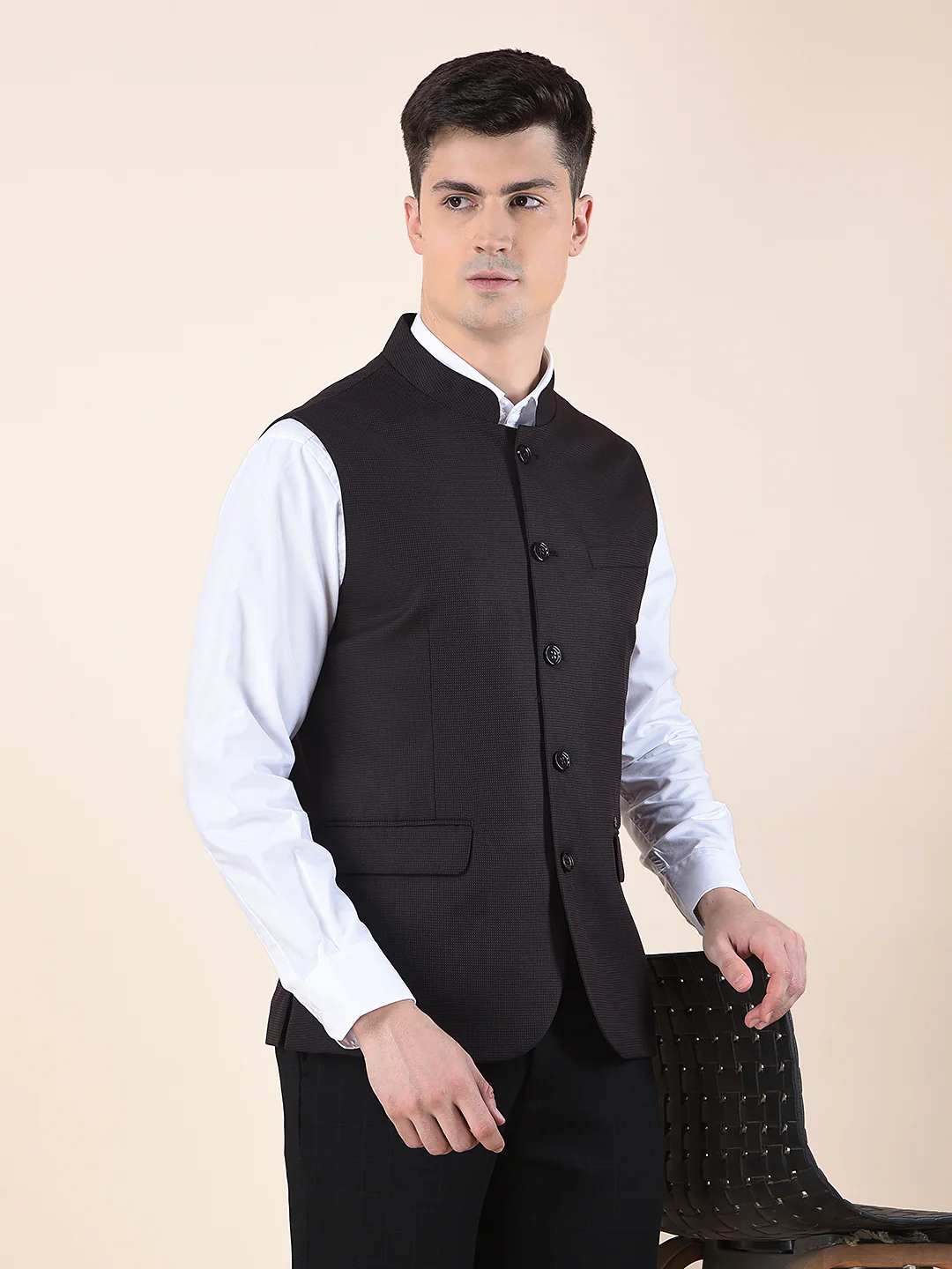 Waist Coat for Men | Premium Casual Waist Coat Regular Fit Mandarin Collar Poly Viscose Fabric Self Design Pattern - Image 2