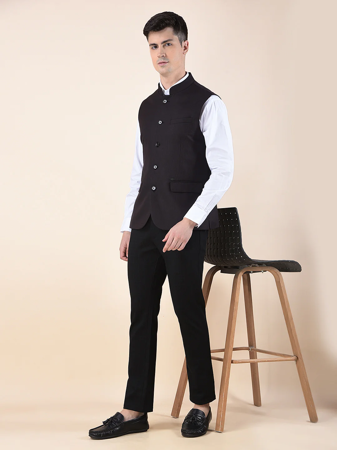 Waist Coat for Men | Premium Casual Waist Coat Regular Fit Mandarin Collar Poly Viscose Fabric Self Design Pattern - Image 3