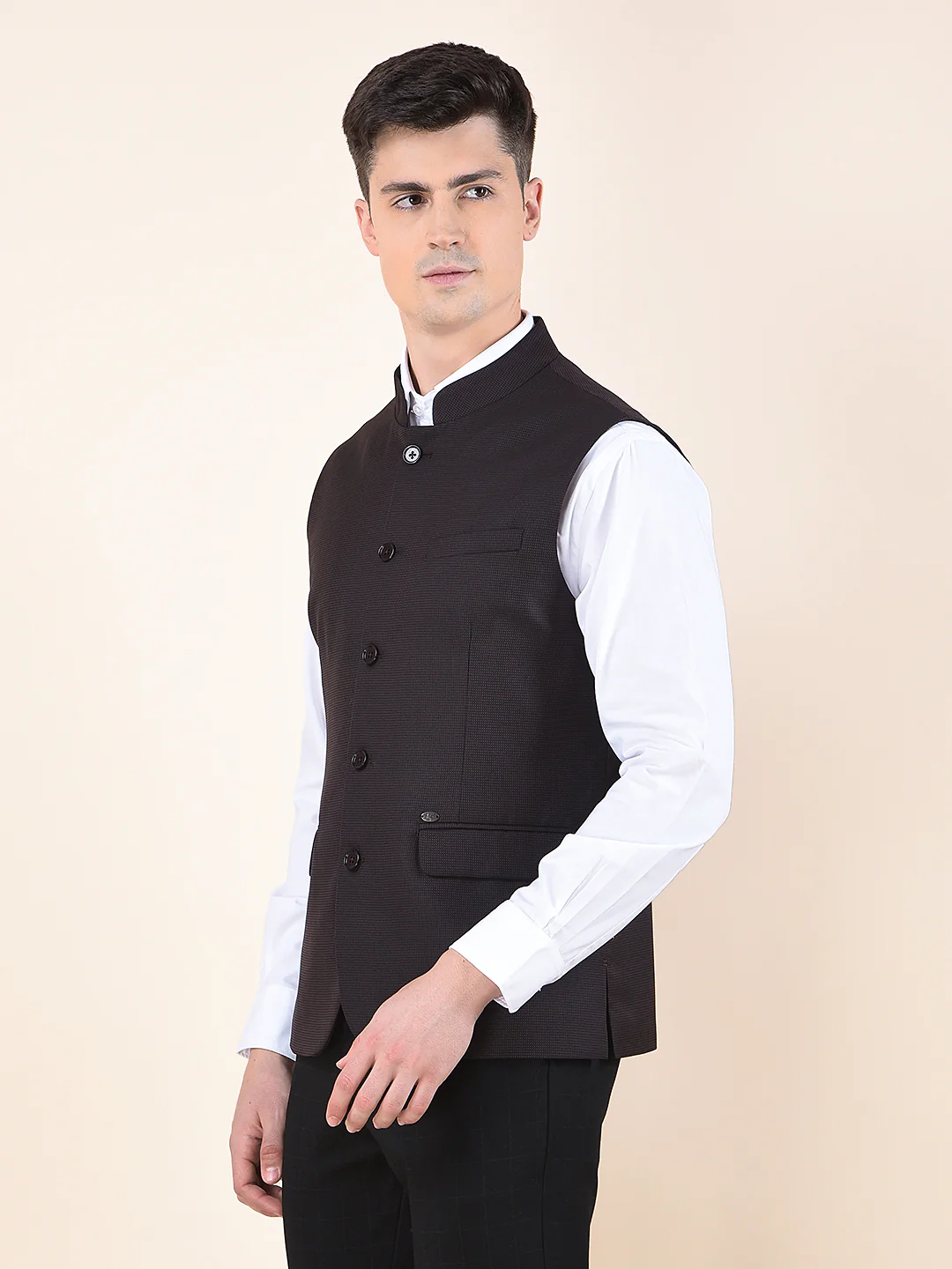 Waist Coat for Men | Premium Casual Waist Coat Regular Fit Mandarin Collar Poly Viscose Fabric Self Design Pattern - Image 4