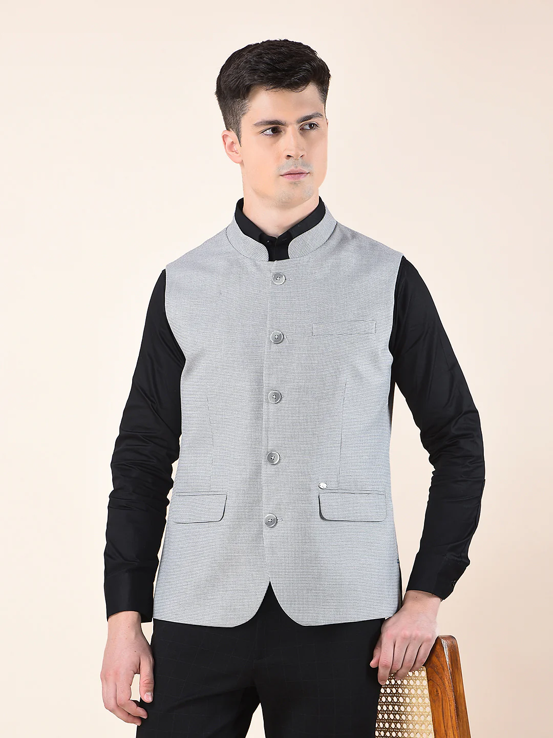 Waist Coat for Men | Premium Casual Waist Coat Regular Fit Mandarin Collar Poly Viscose Fabric Self Design Pattern - Image 2