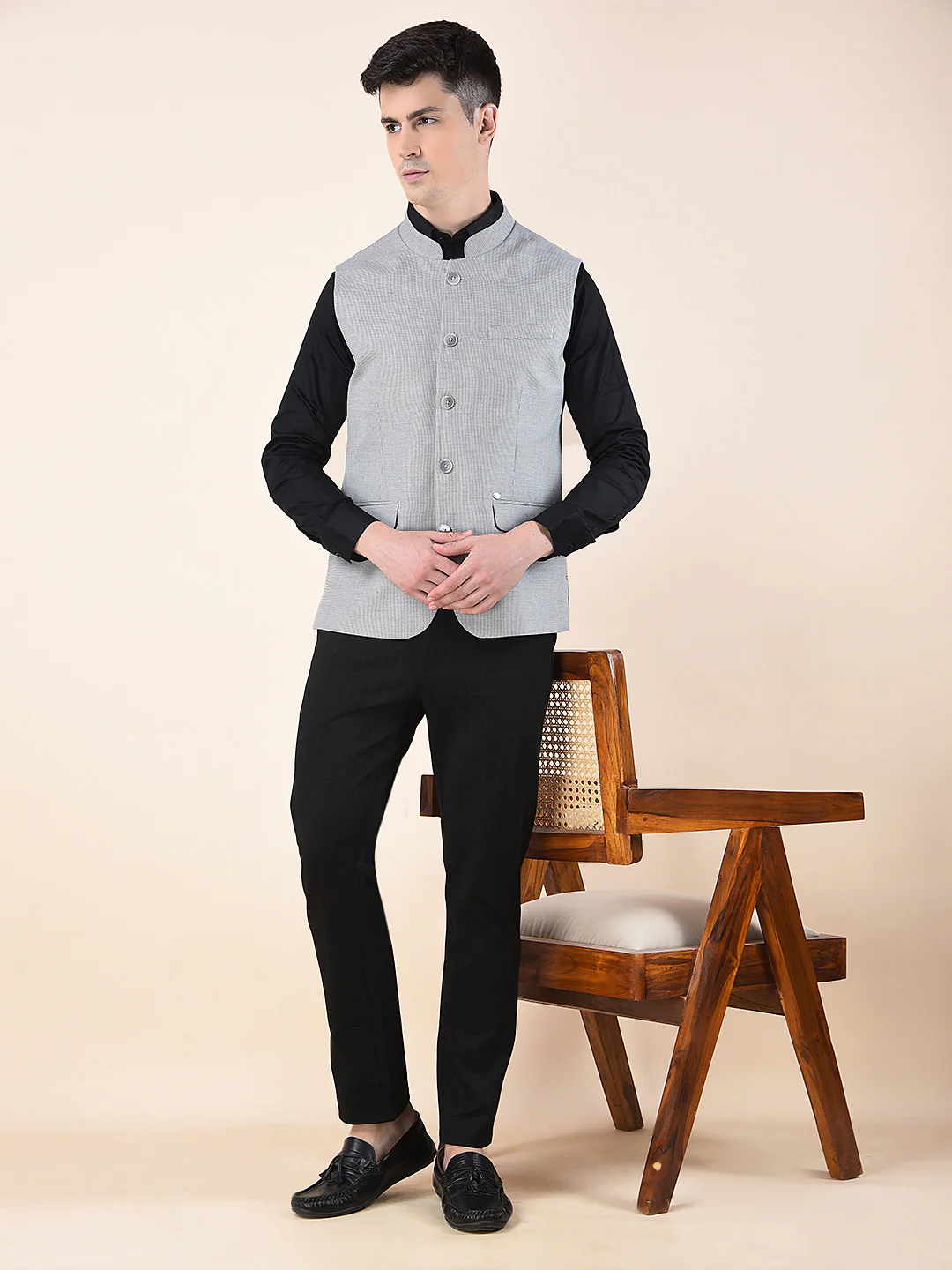 Waist Coat for Men | Premium Casual Waist Coat Regular Fit Mandarin Collar Poly Viscose Fabric Self Design Pattern - Image 3