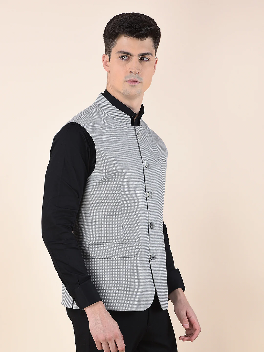 Waist Coat for Men | Premium Casual Waist Coat Regular Fit Mandarin Collar Poly Viscose Fabric Self Design Pattern - Image 6