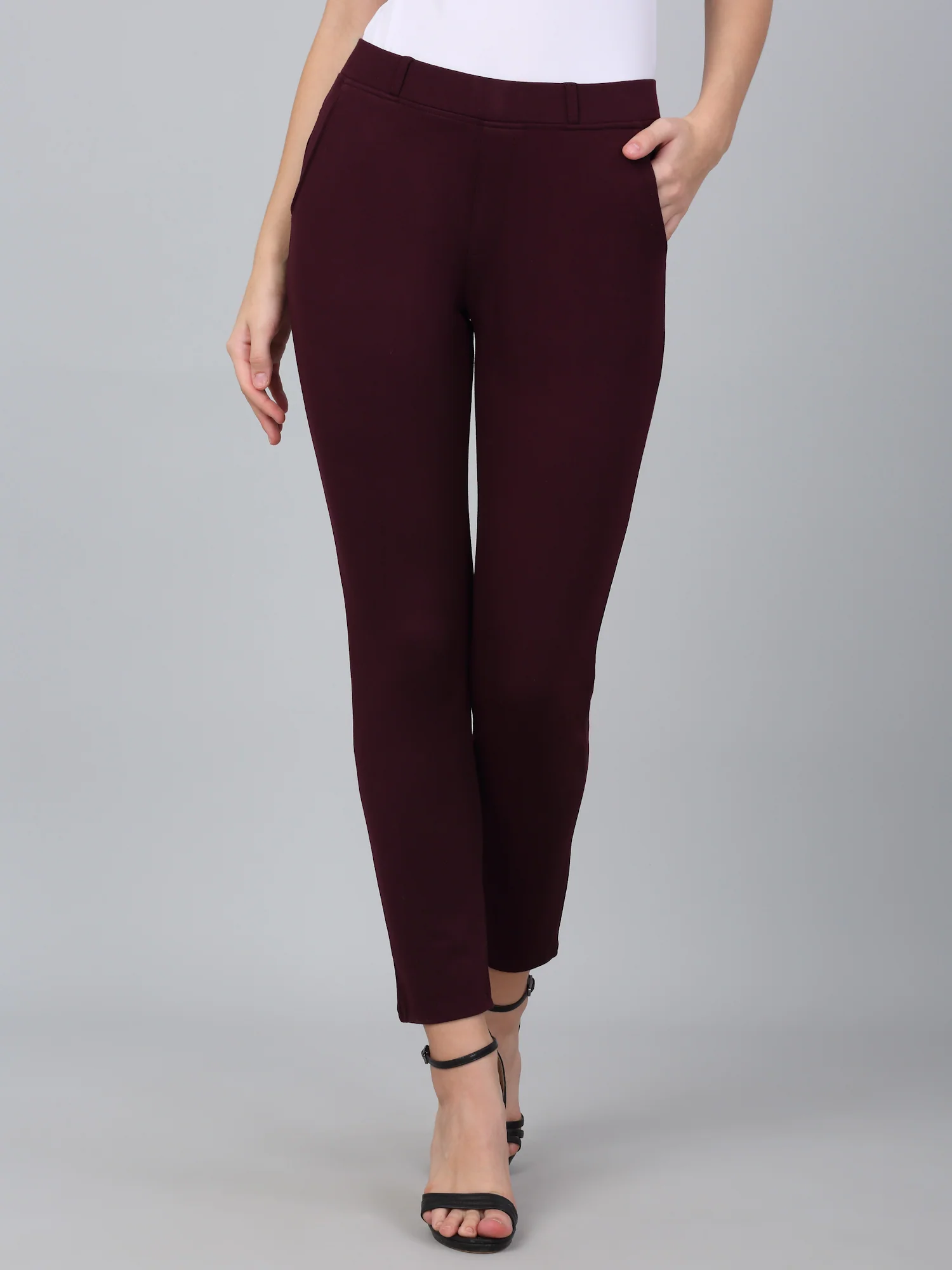 Wine Solid Ankle Length Regular Fit Jegging For Women - Image 2