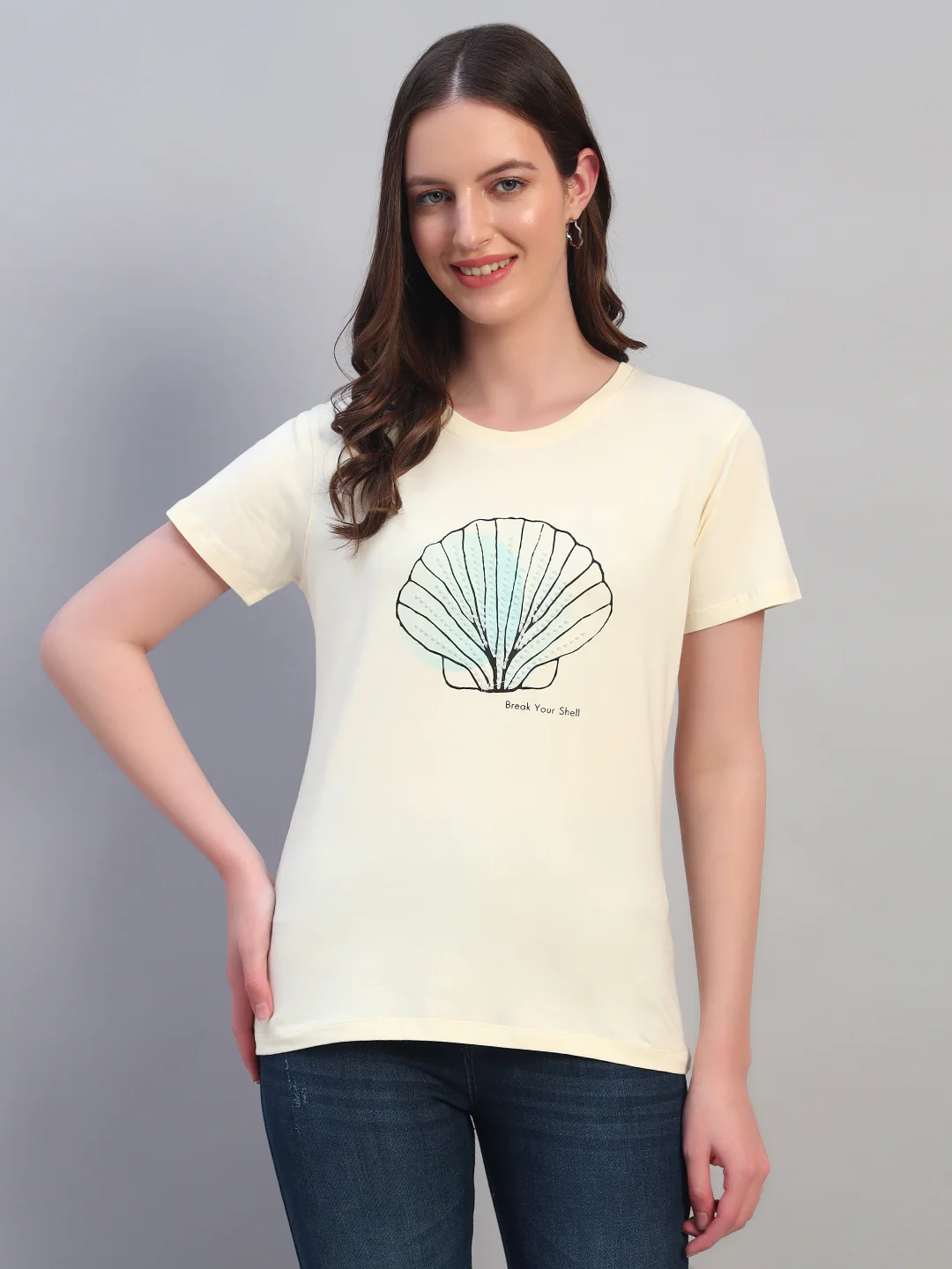 Women Beige Printed Half Sleeves Round Neck Casual T-Shirt - Image 2
