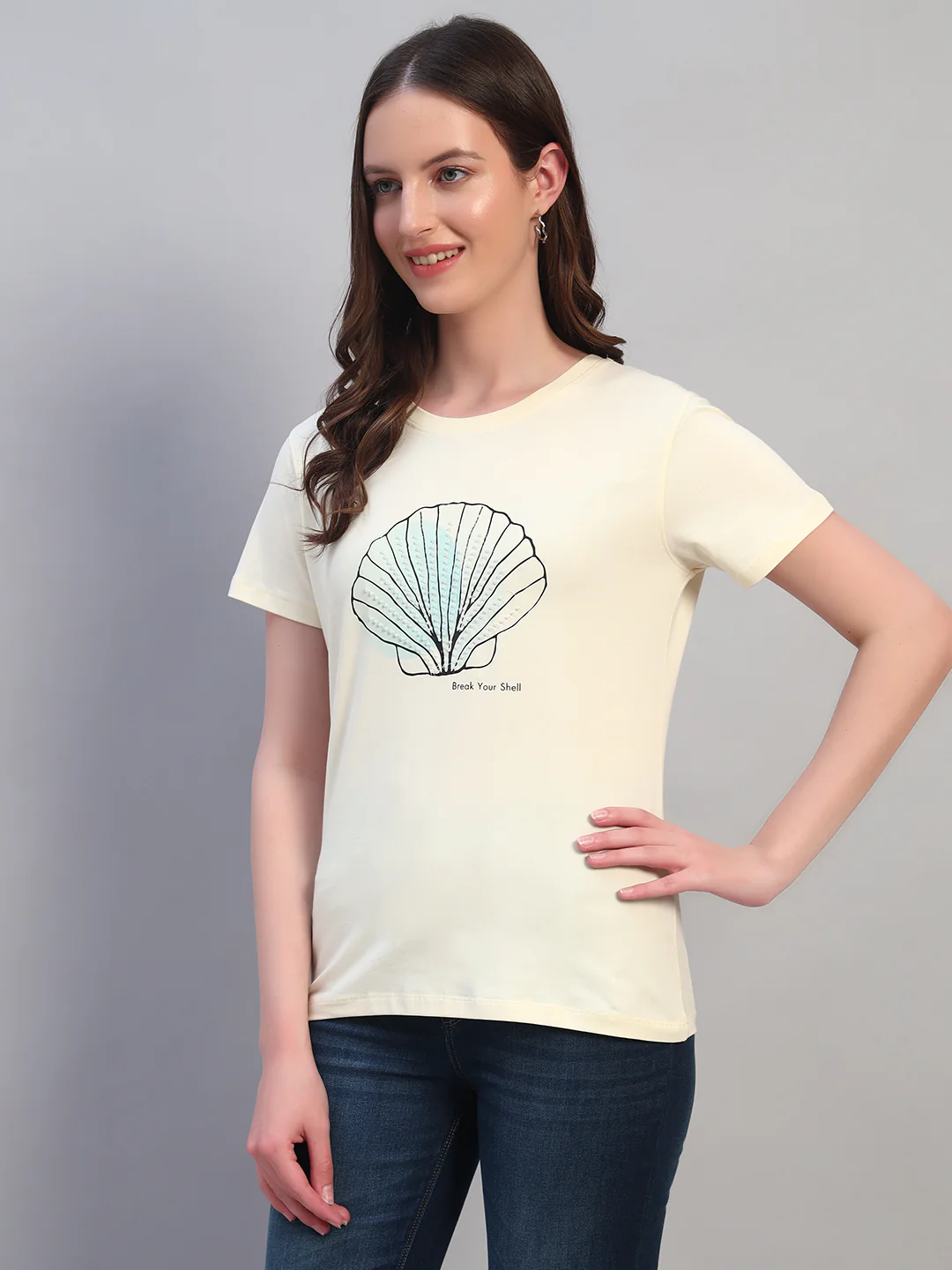 Women Beige Printed Half Sleeves Round Neck Casual T-Shirt - Image 3