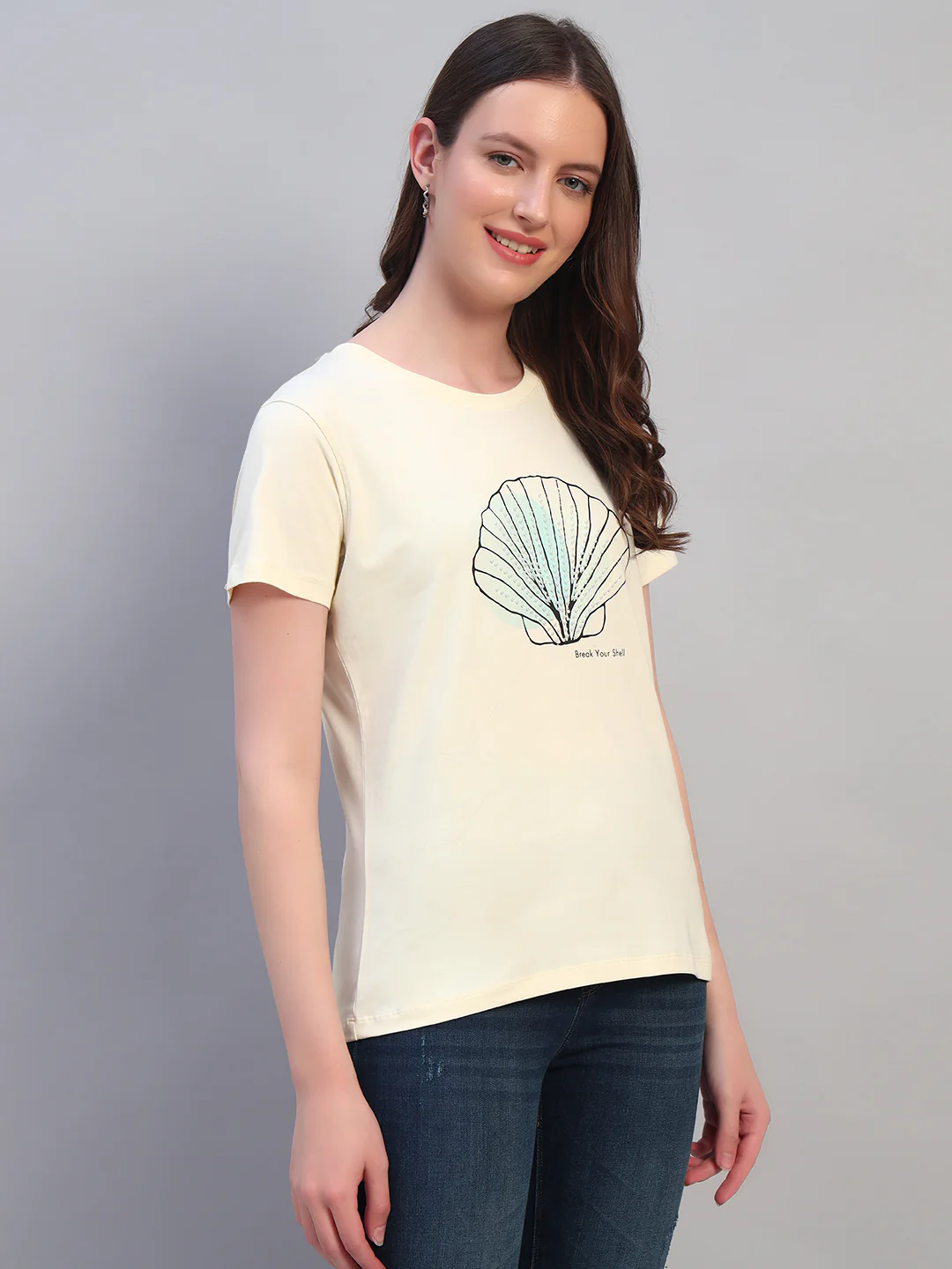 Women Beige Printed Half Sleeves Round Neck Casual T-Shirt - Image 5