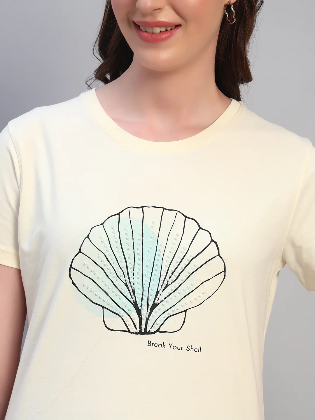 Women Beige Printed Half Sleeves Round Neck Casual T-Shirt - Image 6