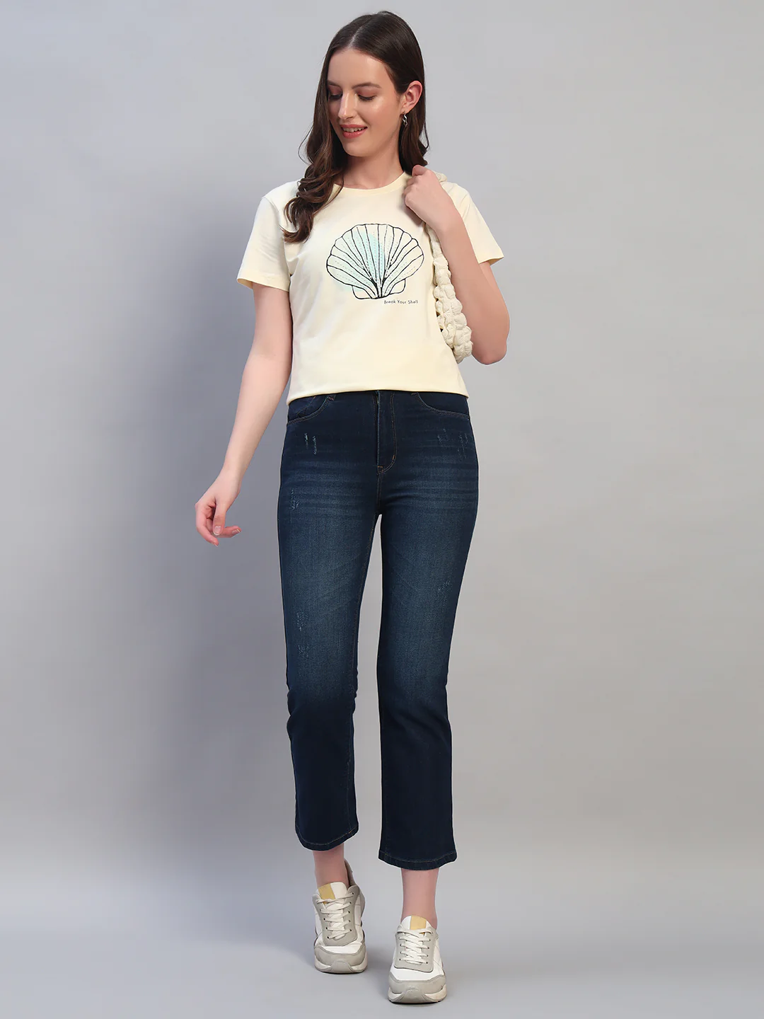 Women Beige Printed Half Sleeves Round Neck Casual T-Shirt - Image 8