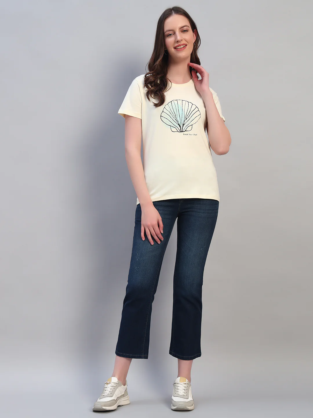 Women Beige Printed Half Sleeves Round Neck Casual T-Shirt - Image 9