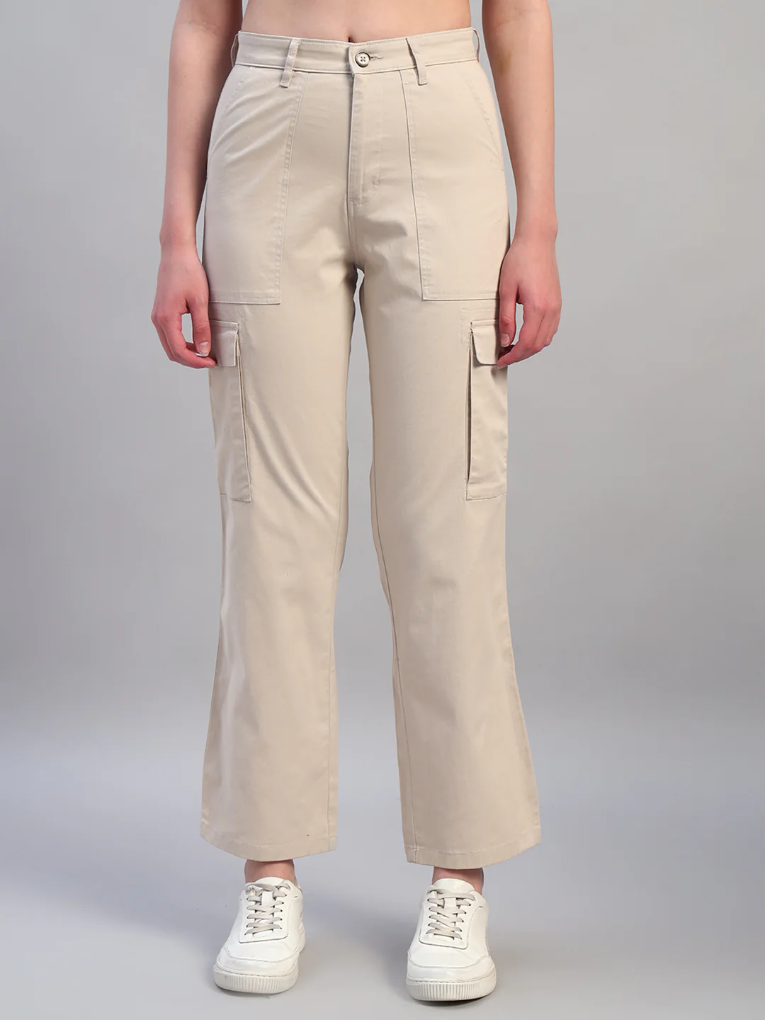 Women Beige Solid Full Length Regular Fit Cargo - Image 2