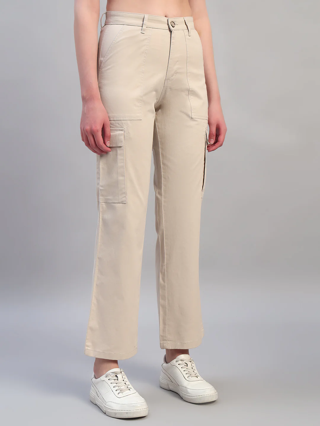 Women Beige Solid Full Length Regular Fit Cargo - Image 3