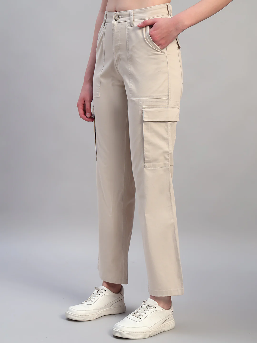 Women Beige Solid Full Length Regular Fit Cargo - Image 5