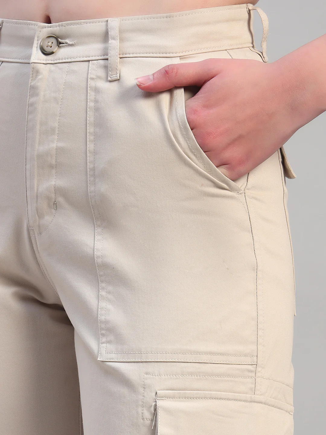 Women Beige Solid Full Length Regular Fit Cargo - Image 6