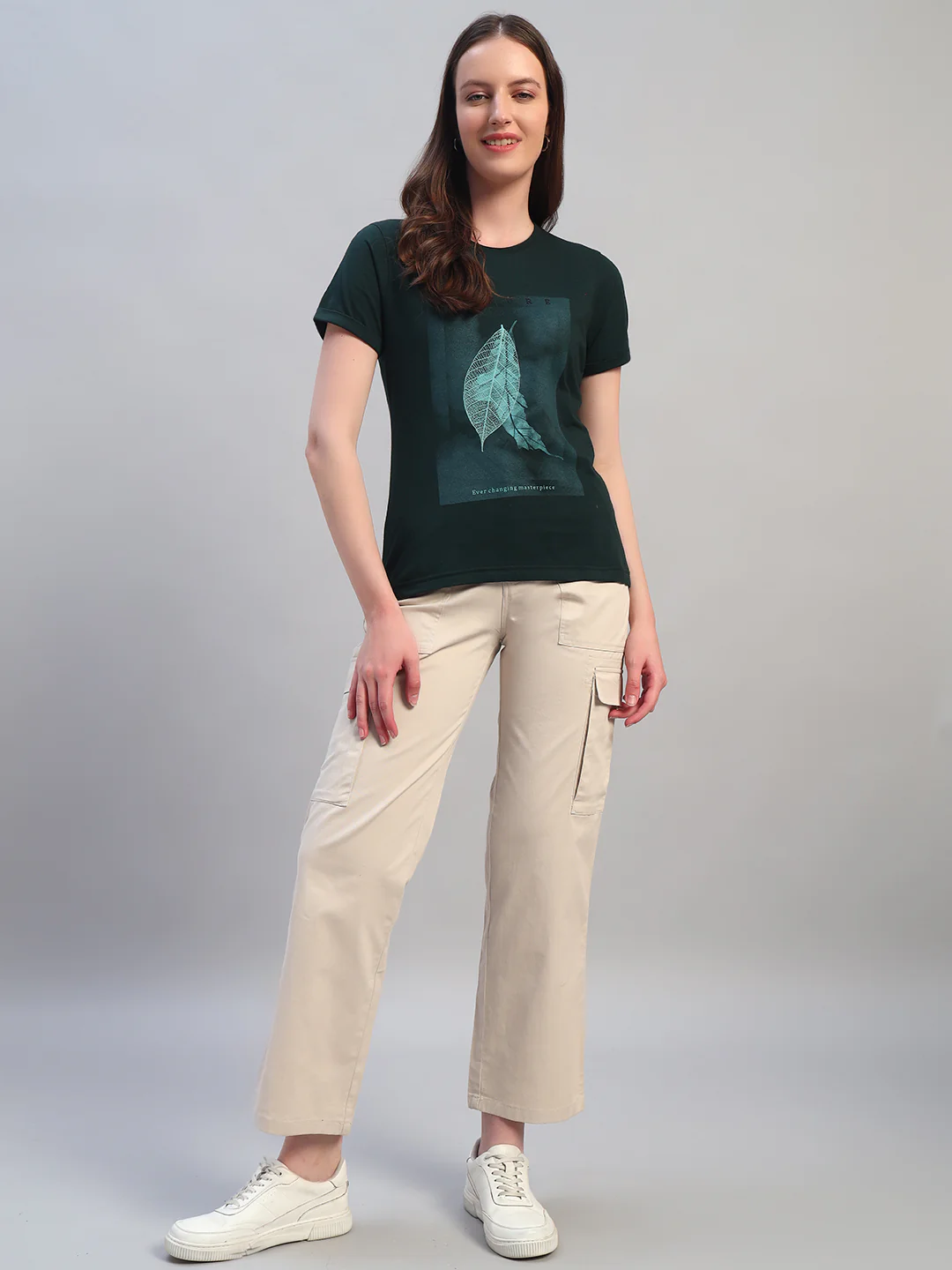 Women Beige Solid Full Length Regular Fit Cargo - Image 9
