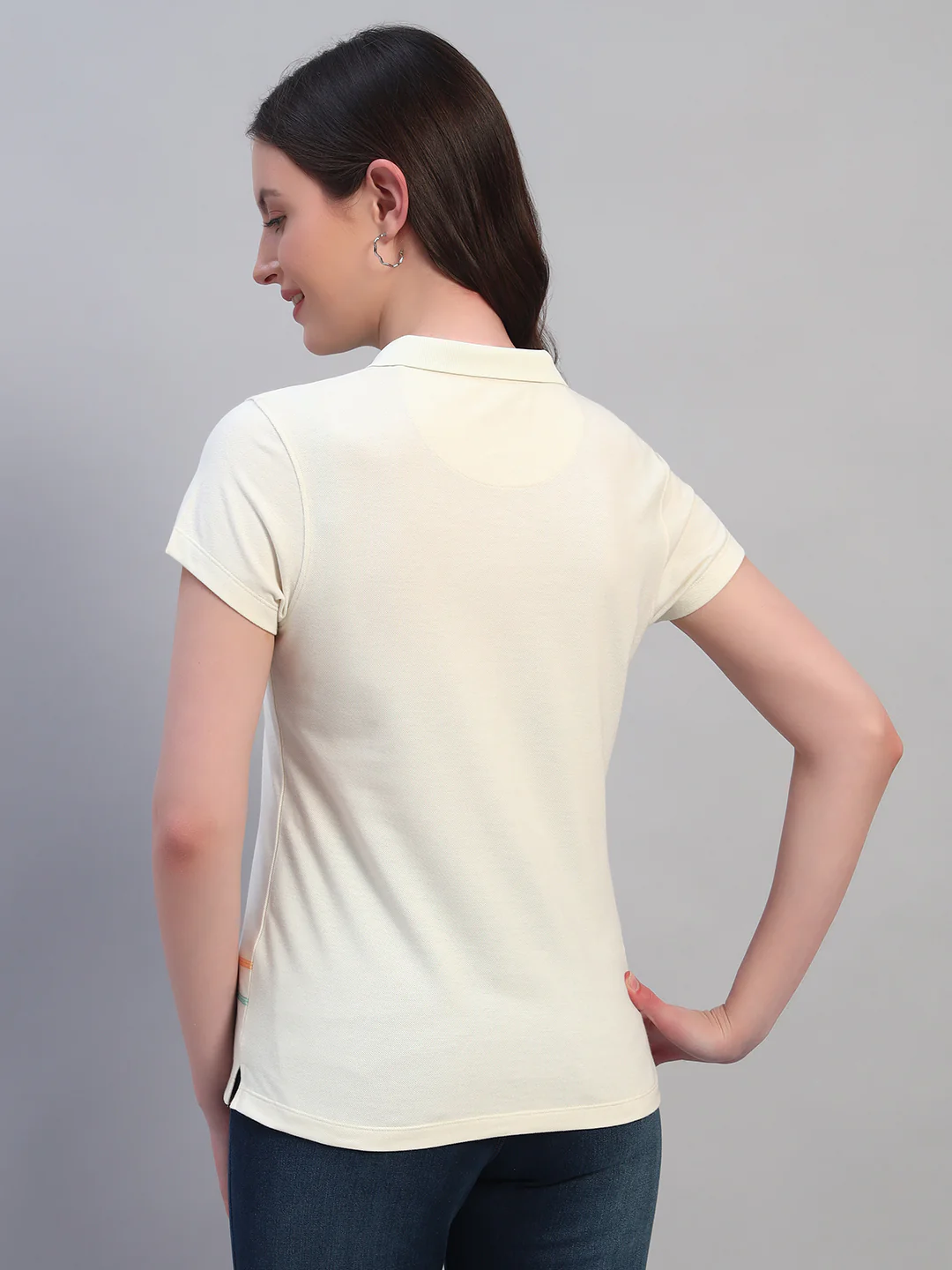 Women Beige Solid Half Sleeves Polo Neck Casual T-Shirt - Image 2