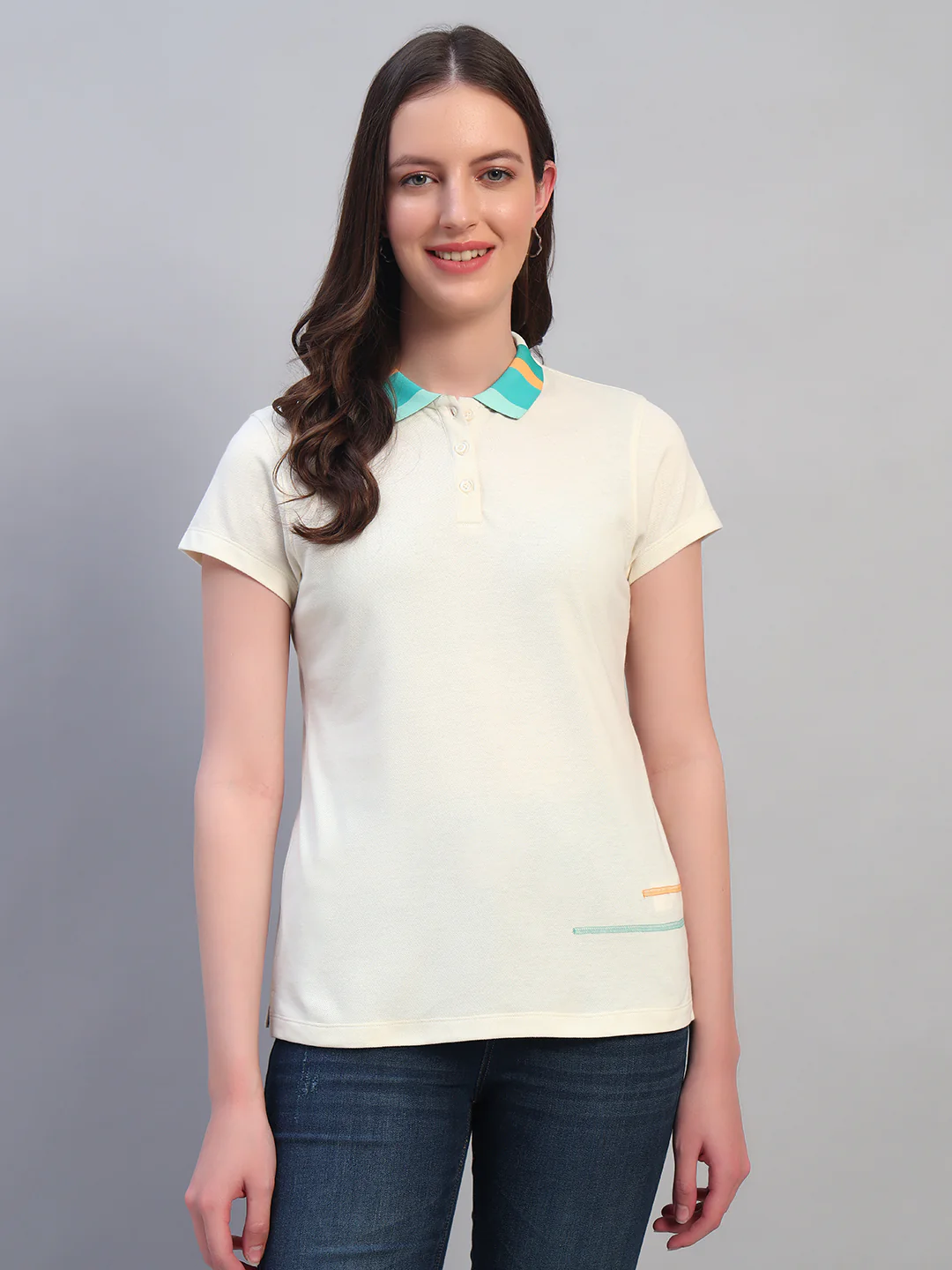 Women Beige Solid Half Sleeves Polo Neck Casual T-Shirt - Image 3
