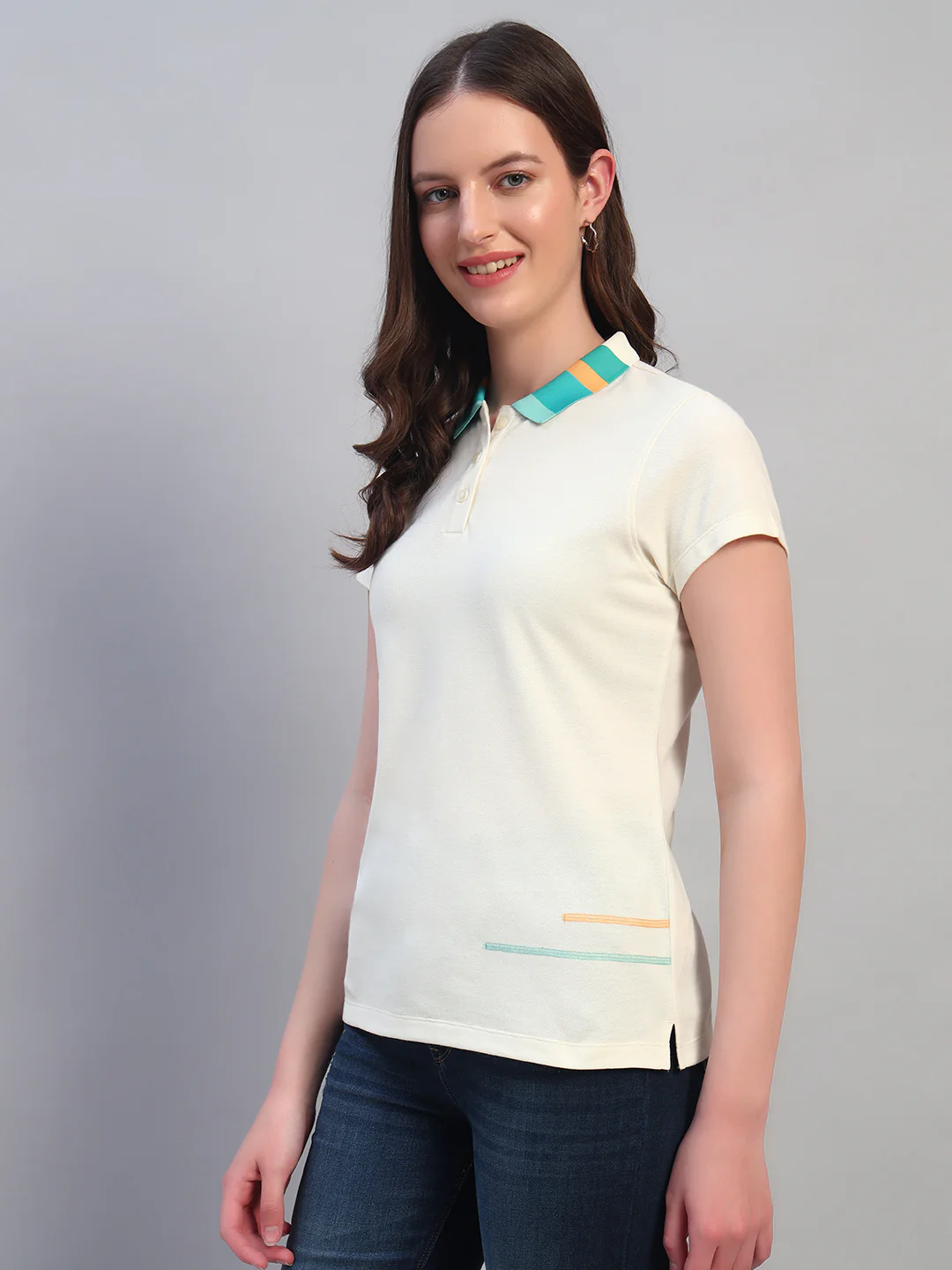 Women Beige Solid Half Sleeves Polo Neck Casual T-Shirt - Image 4
