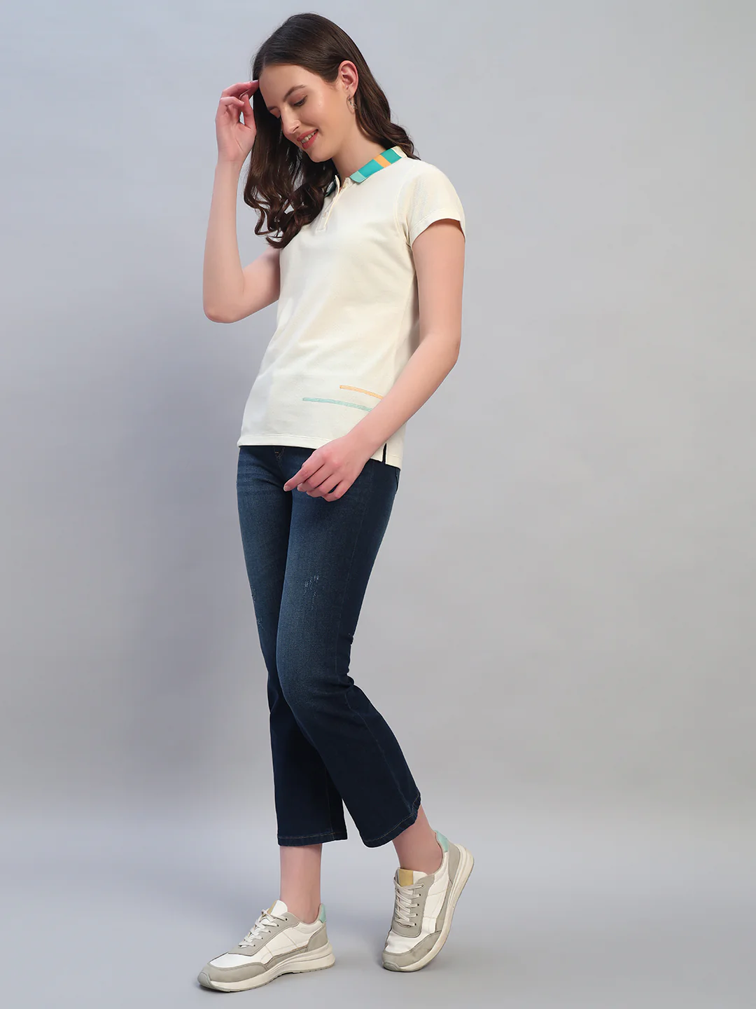 Women Beige Solid Half Sleeves Polo Neck Casual T-Shirt - Image 5