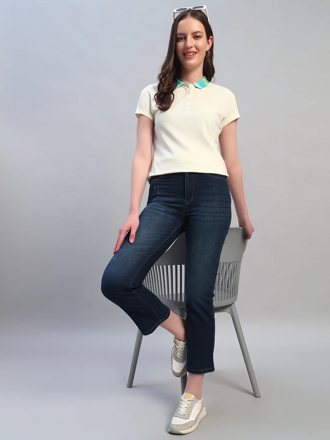 Women Beige Solid Half Sleeves Polo Neck Casual T-Shirt - Image 6