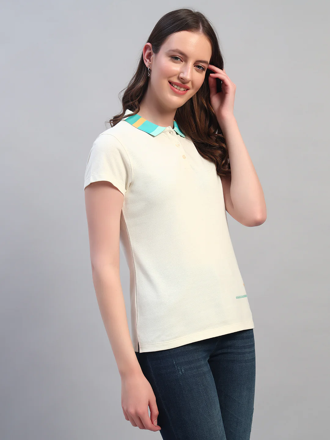 Women Beige Solid Half Sleeves Polo Neck Casual T-Shirt - Image 7