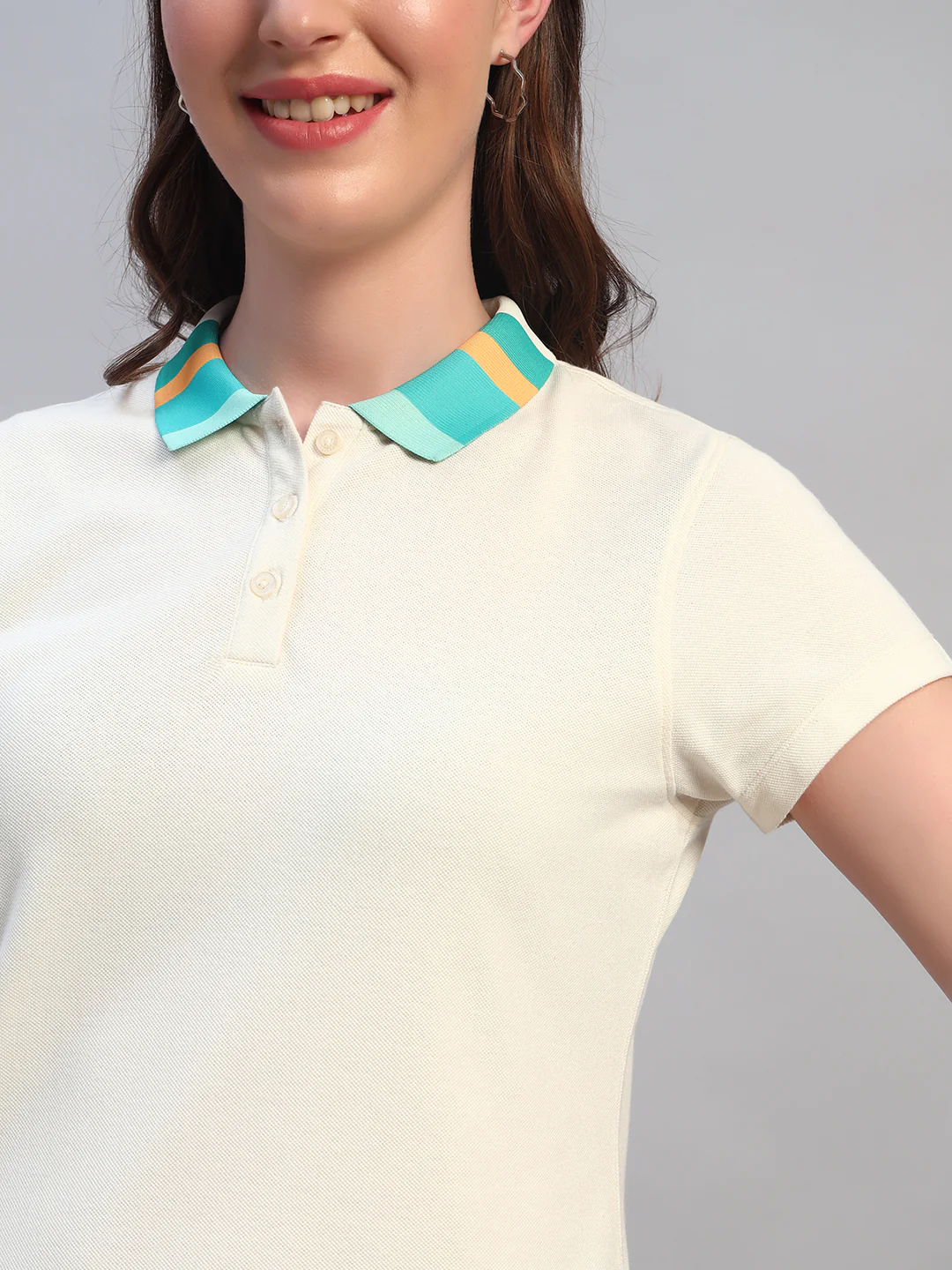 Women Beige Solid Half Sleeves Polo Neck Casual T-Shirt - Image 8