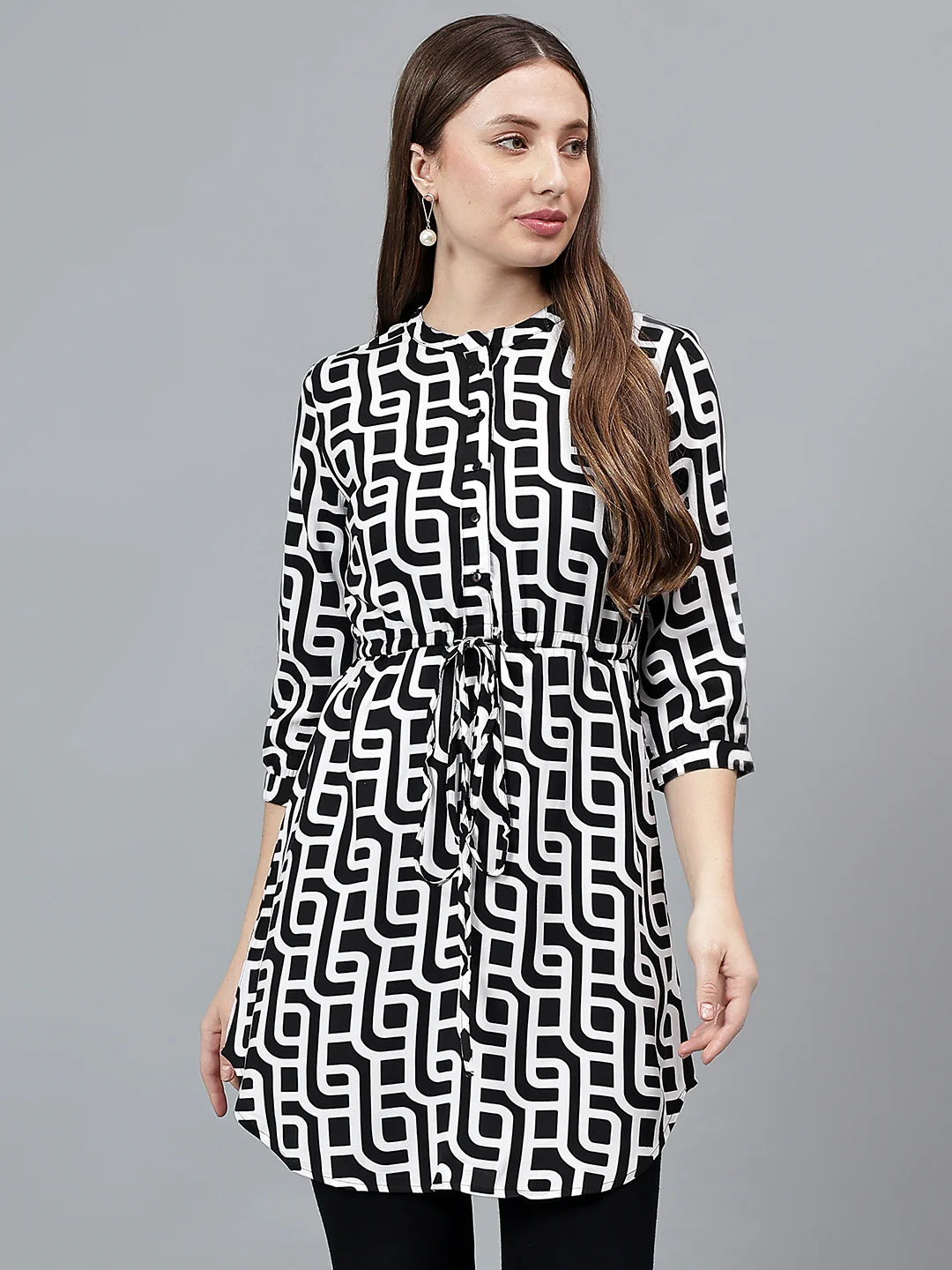 Women Black Printed Band Collar Casual Tunic - Image 3