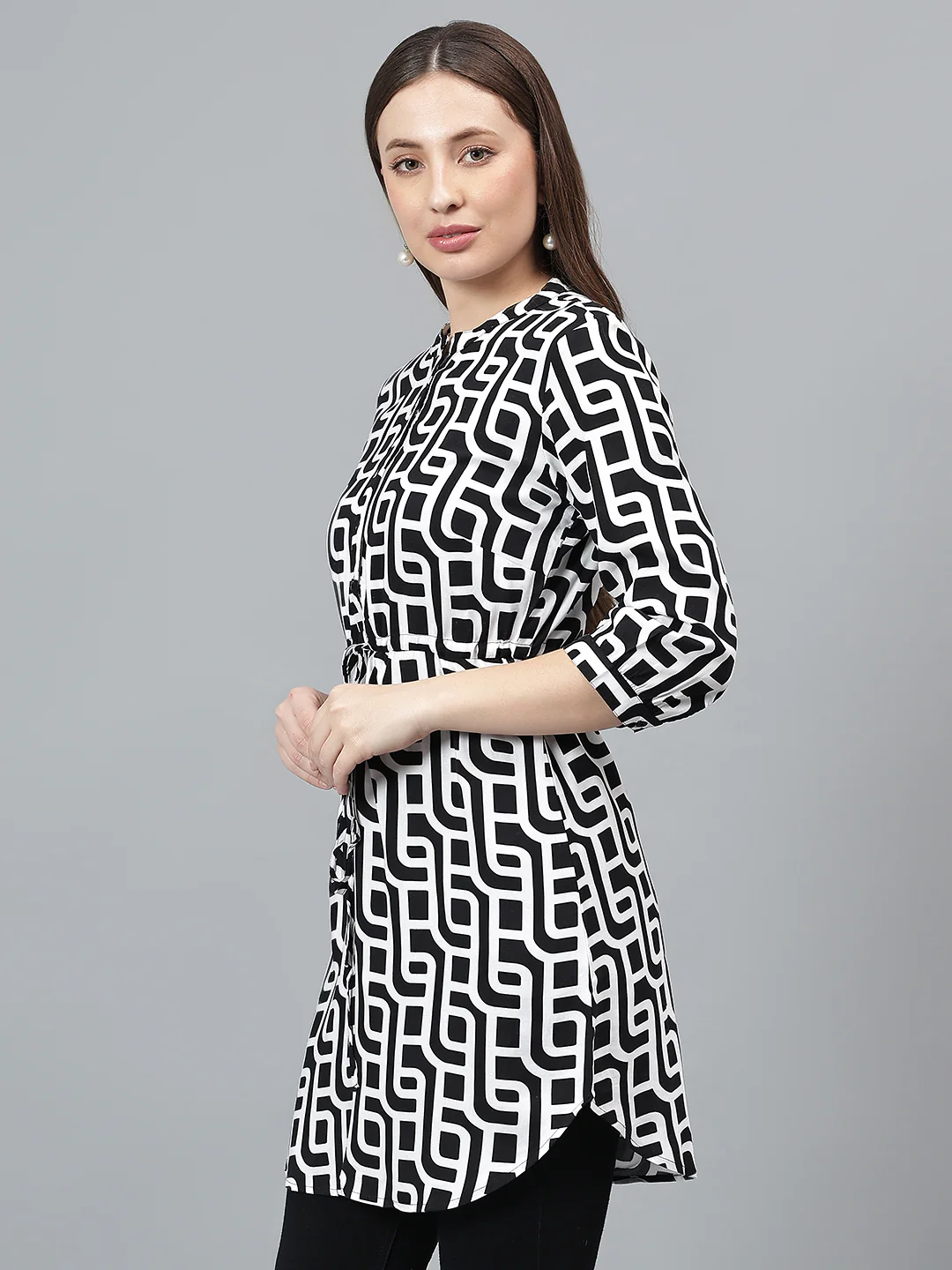 Women Black Printed Band Collar Casual Tunic - Image 4