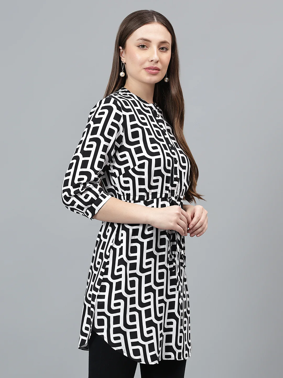 Women Black Printed Band Collar Casual Tunic - Image 5