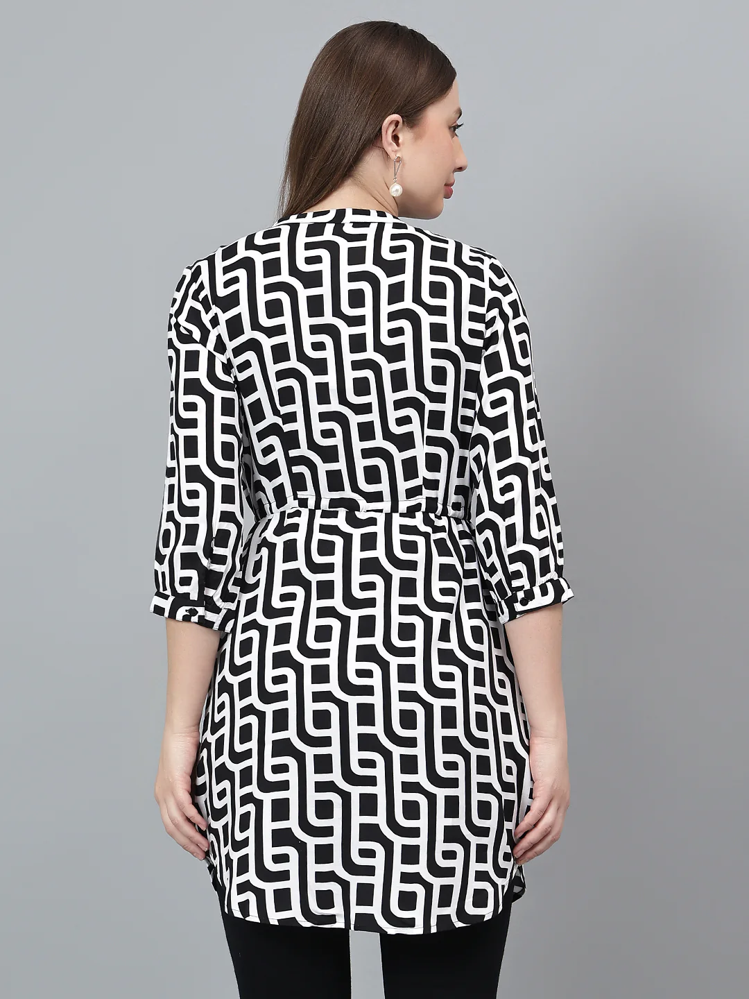 Women Black Printed Band Collar Casual Tunic - Image 6