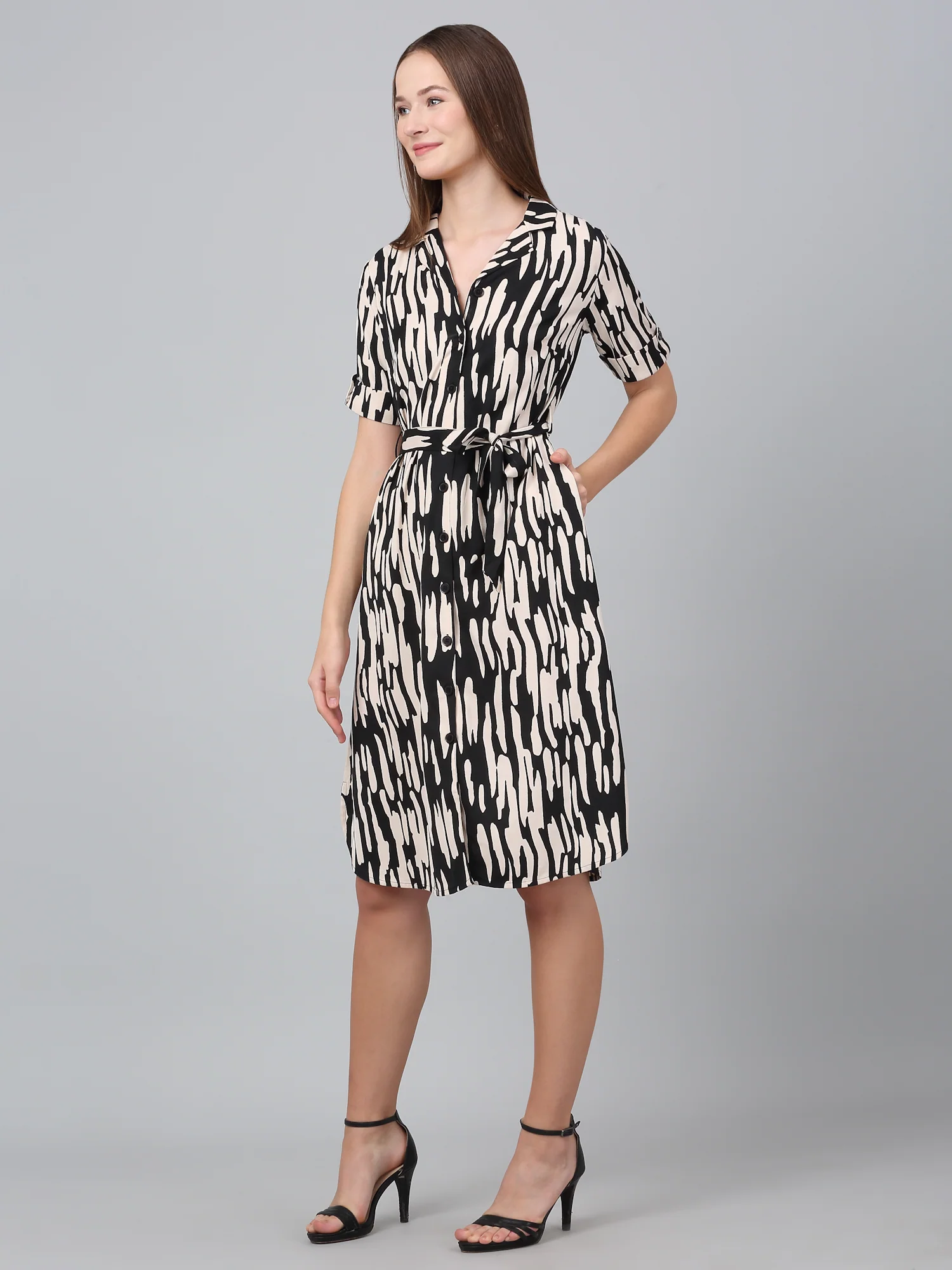 Women Black Shirt Collar Printed Dress - Image 3