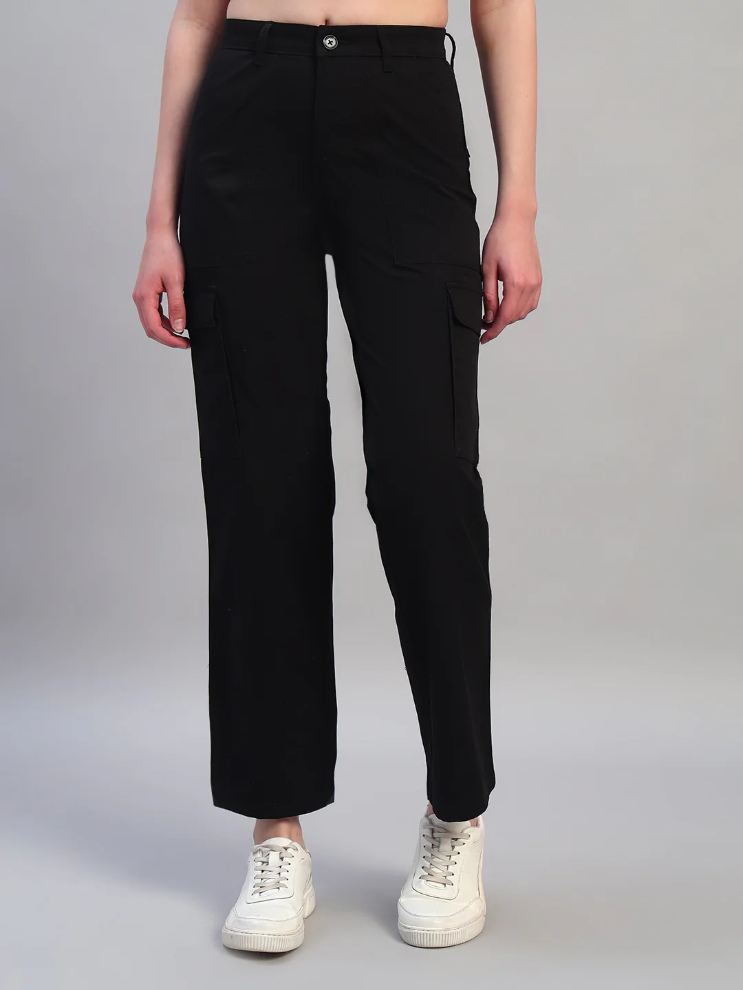 Women Black Solid Full Length Regular Fit Cargo - Image 2