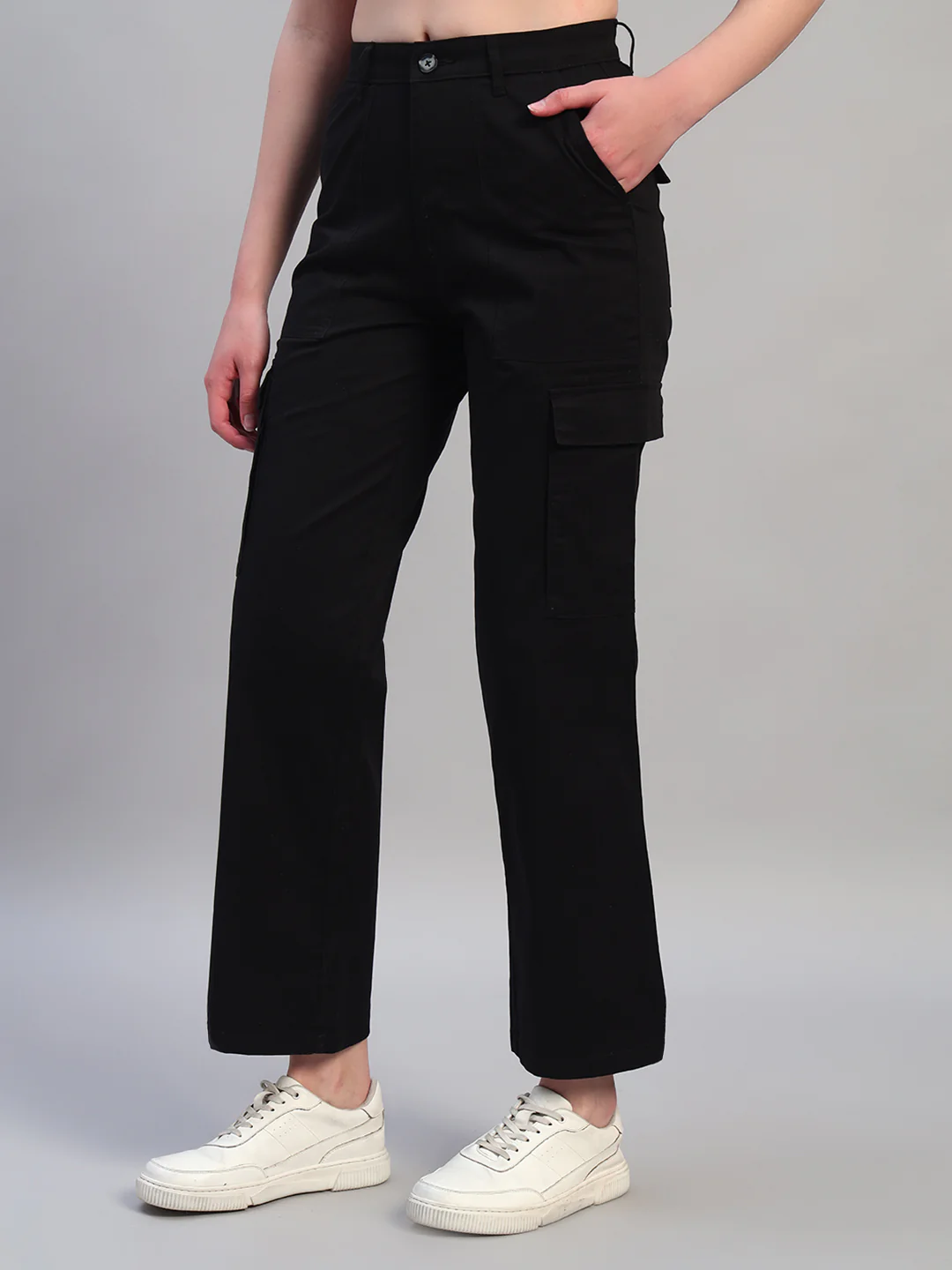Women Black Solid Full Length Regular Fit Cargo - Image 3