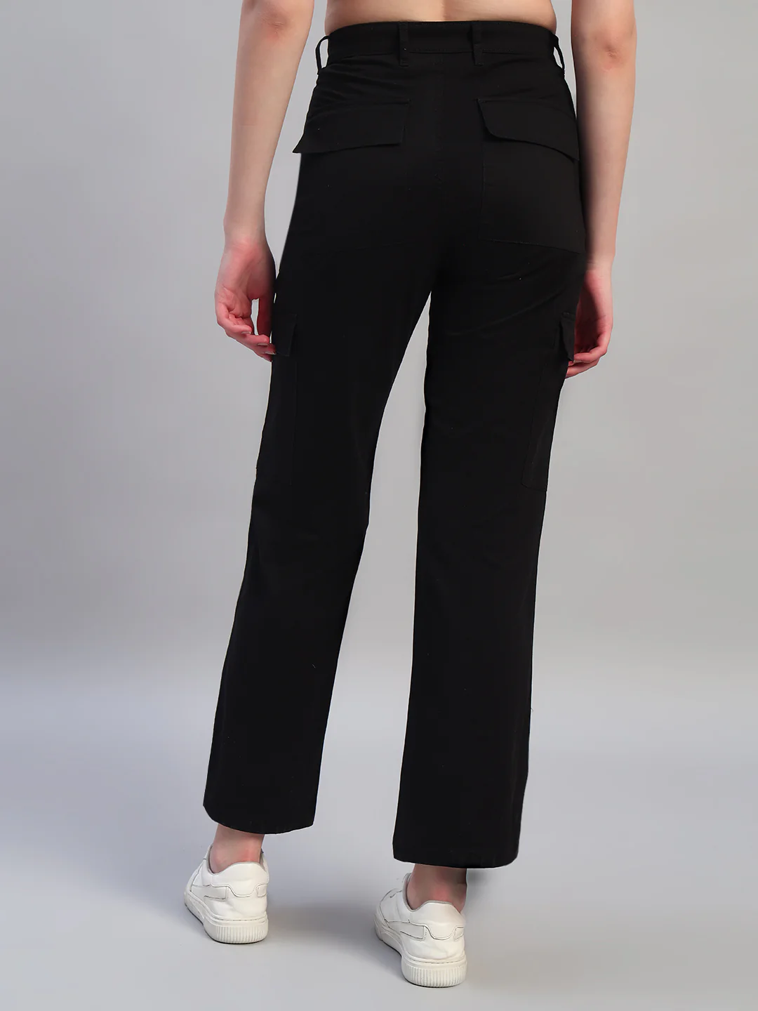 Women Black Solid Full Length Regular Fit Cargo - Image 4