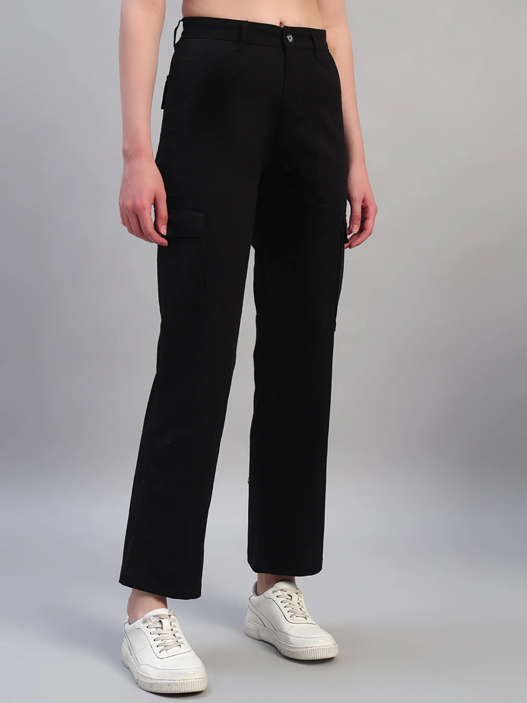 Women Black Solid Full Length Regular Fit Cargo - Image 5