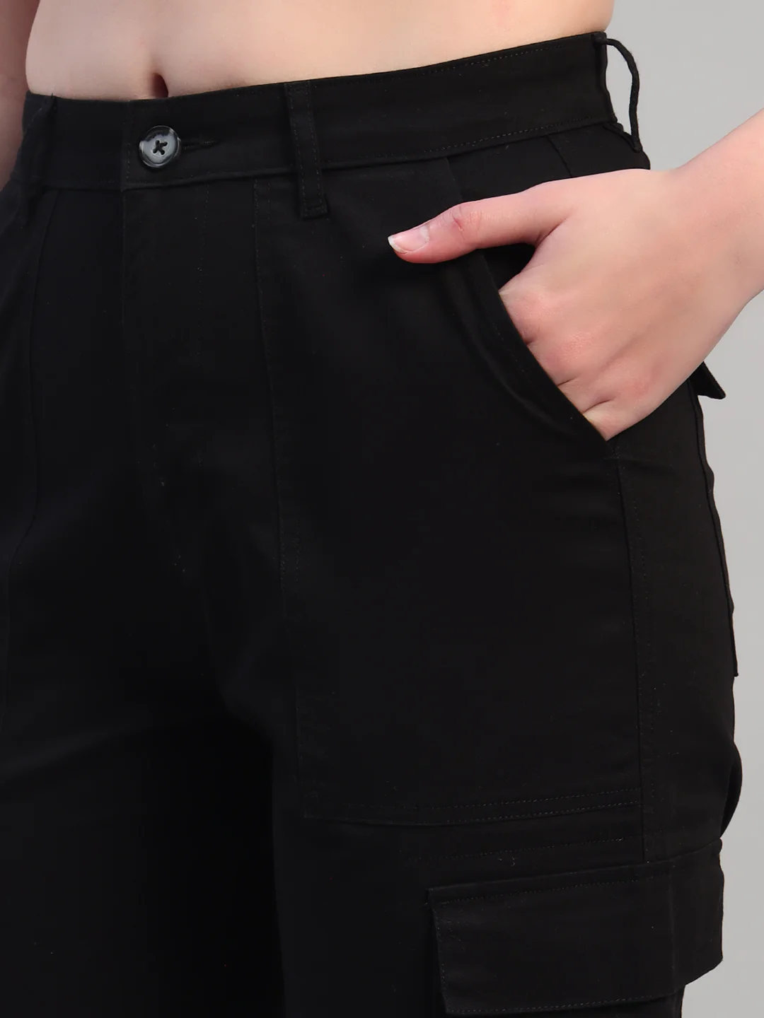 Women Black Solid Full Length Regular Fit Cargo - Image 6