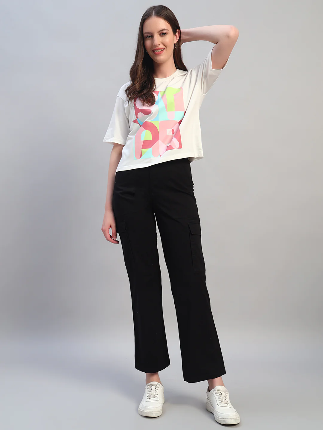 Women Black Solid Full Length Regular Fit Cargo - Image 7