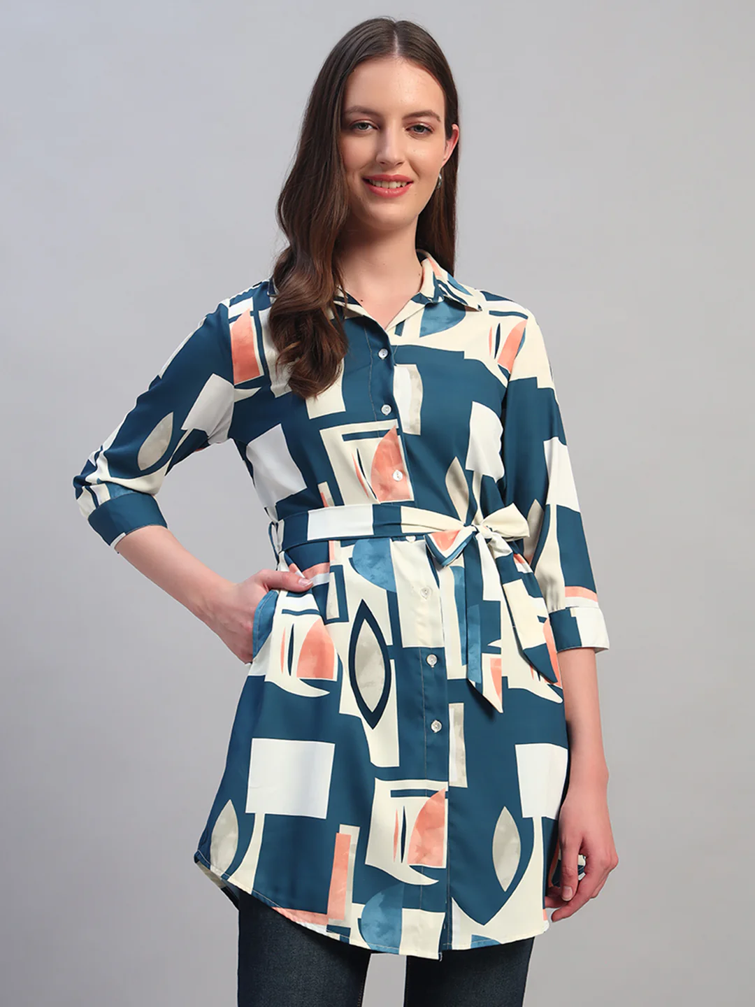 Women Blue Printed 3/4th Sleeves Casual Long Tunic - Image 2