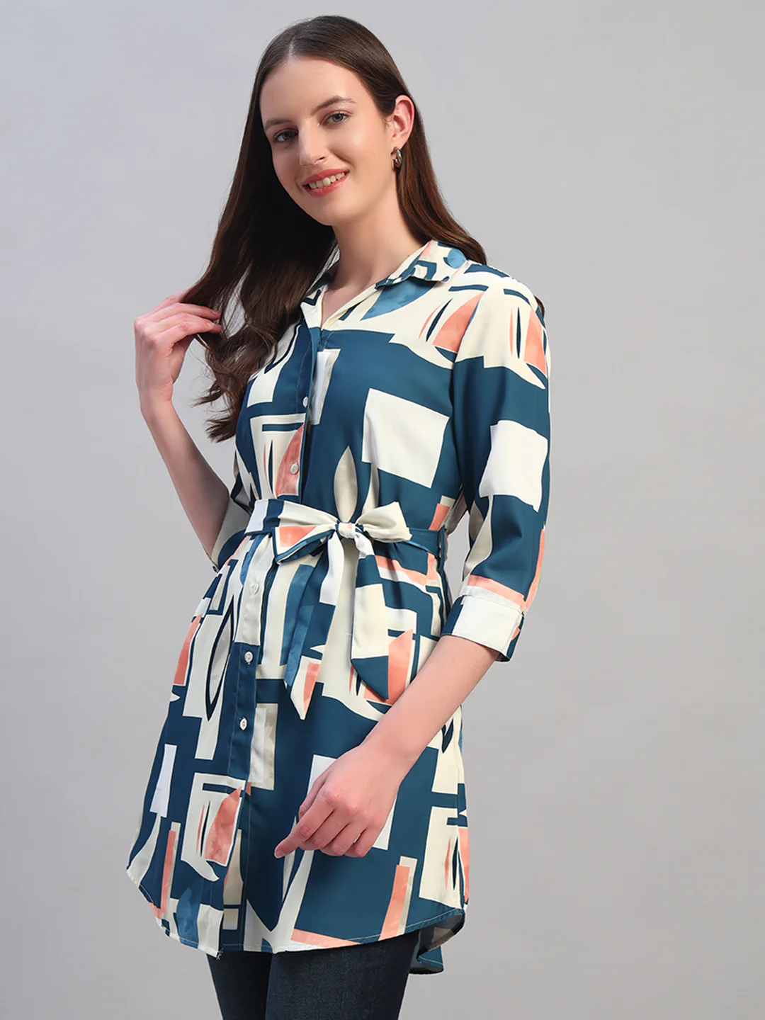 Women Blue Printed 3/4th Sleeves Casual Long Tunic - Image 3