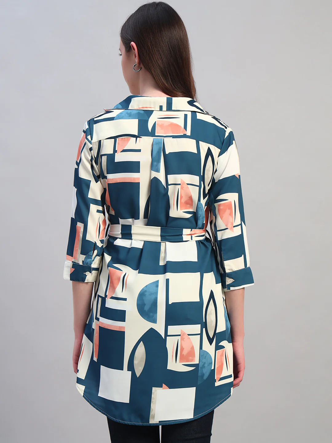 Women Blue Printed 3/4th Sleeves Casual Long Tunic - Image 4