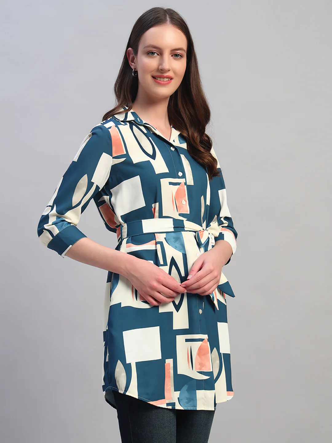 Women Blue Printed 3/4th Sleeves Casual Long Tunic - Image 5
