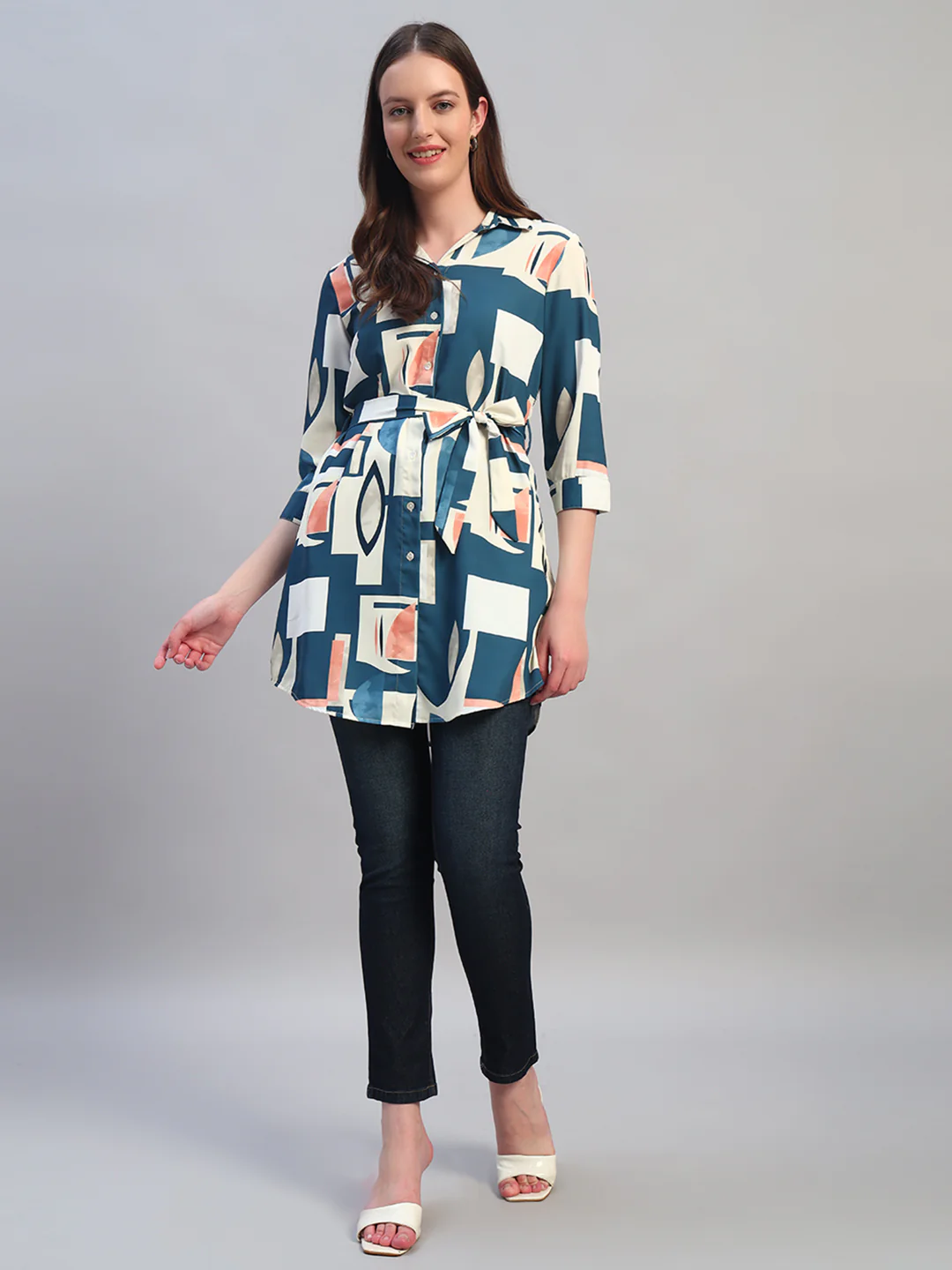 Women Blue Printed 3/4th Sleeves Casual Long Tunic - Image 7