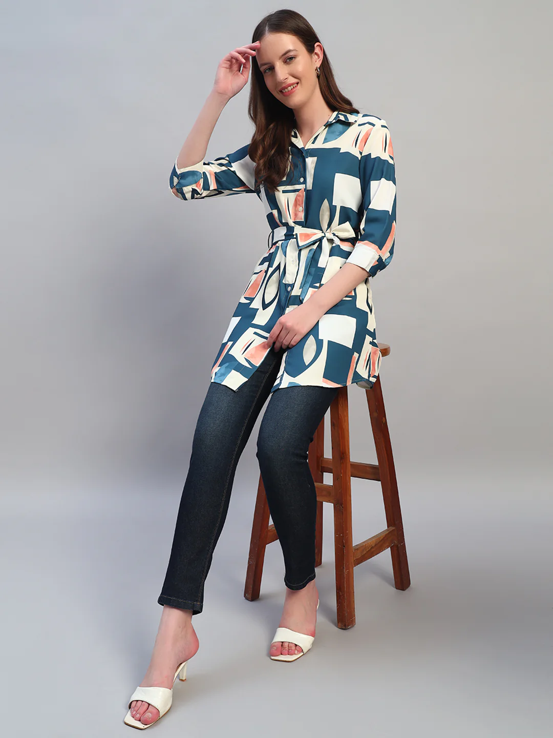 Women Blue Printed 3/4th Sleeves Casual Long Tunic - Image 8